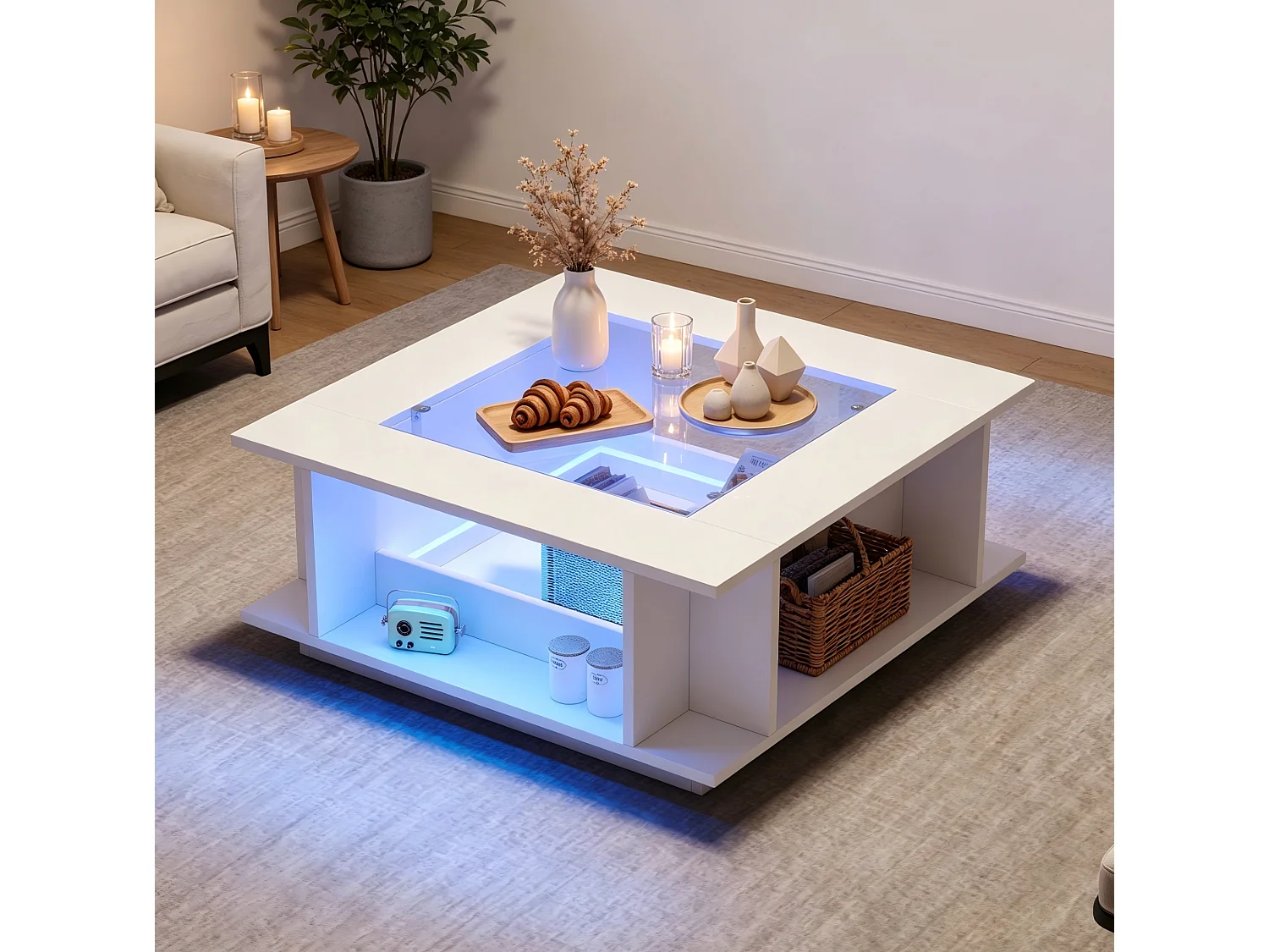 Table basse carrée 70x70 cm blanche brillante avec plateau en verre et LED