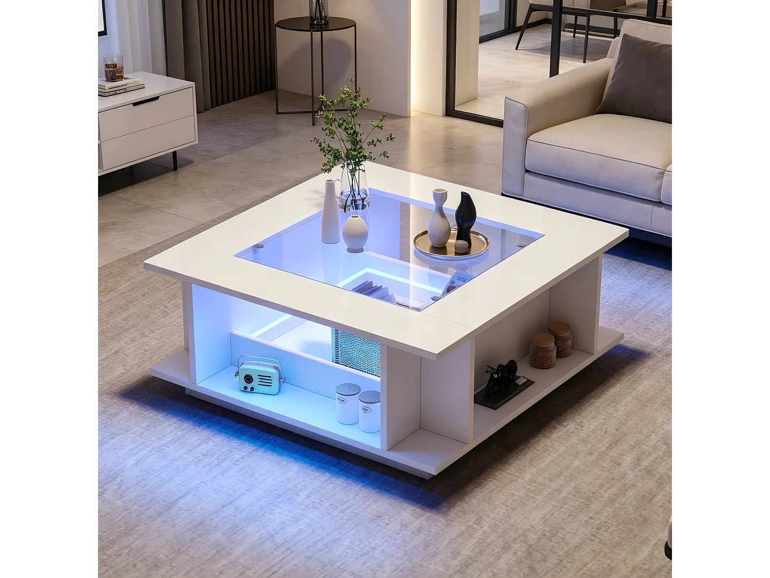 Table basse carrée 70x70 cm blanche brillante avec plateau en verre et LED