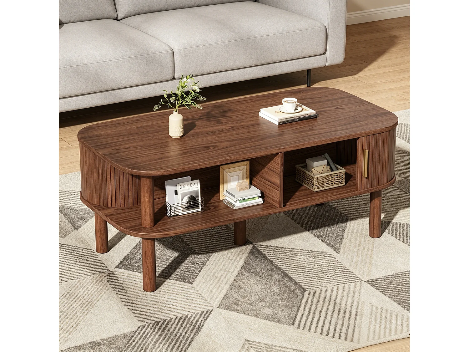 Salontafel met schuifdeuren en open planken - Bruin