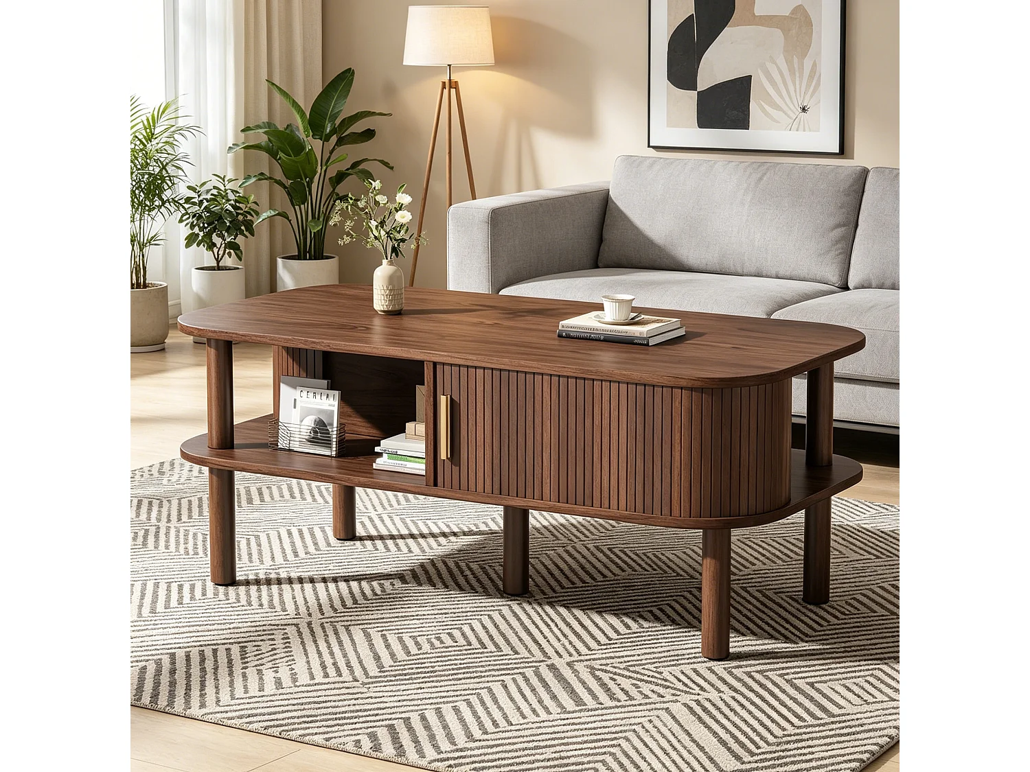 Salontafel met schuifdeuren en open planken - Bruin