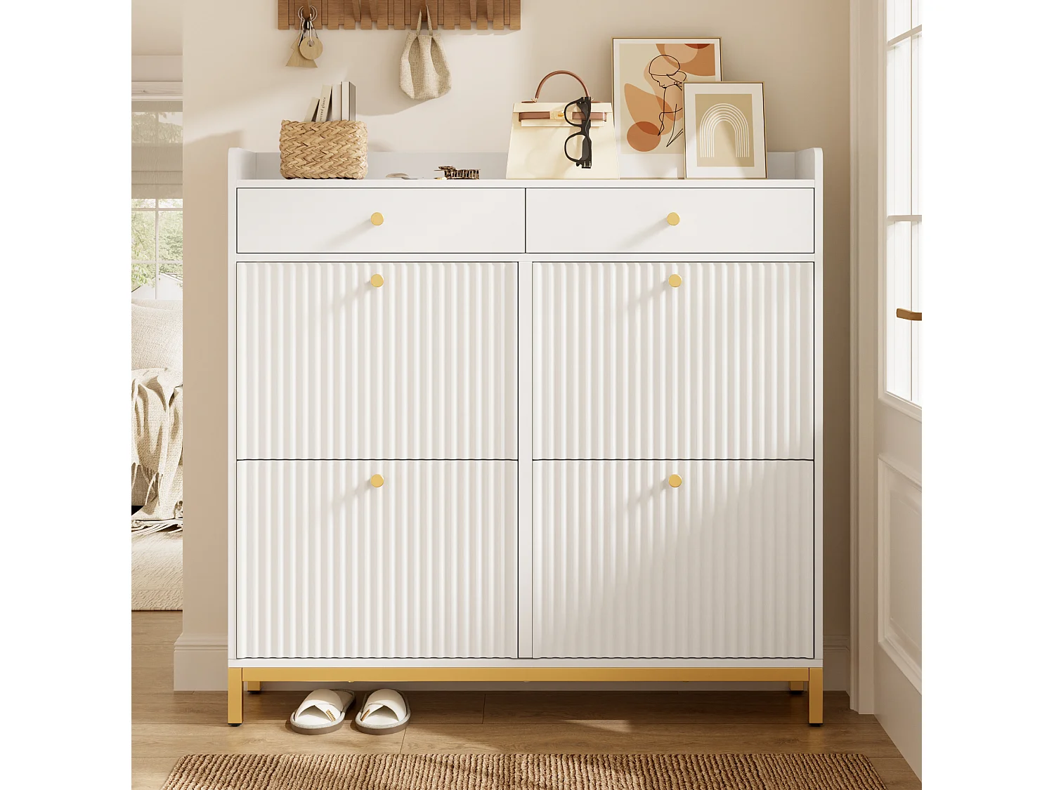 Modern shoe cabinet 106.5x25x107cm - with 2 drawers and 4 drop-down doors - open shelves - White