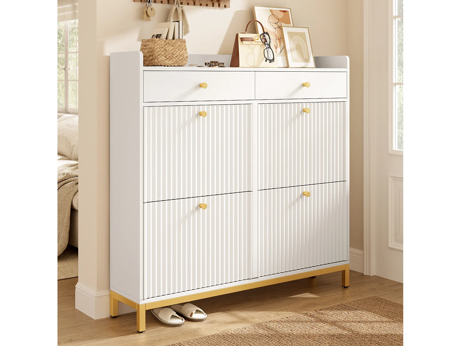 Modern shoe cabinet 106.5x25x107cm - with 2 drawers and 4 drop-down doors - open shelves - White
