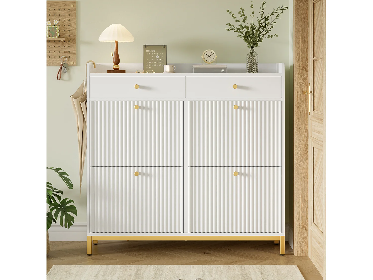 Modern shoe cabinet 106.5x25x107cm - with 2 drawers and 4 drop-down doors - open shelves - White