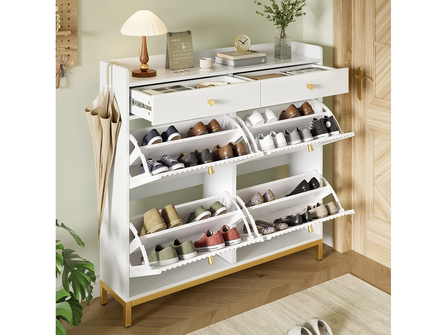 Modern shoe cabinet 106.5x25x107cm - with 2 drawers and 4 drop-down doors - open shelves - White