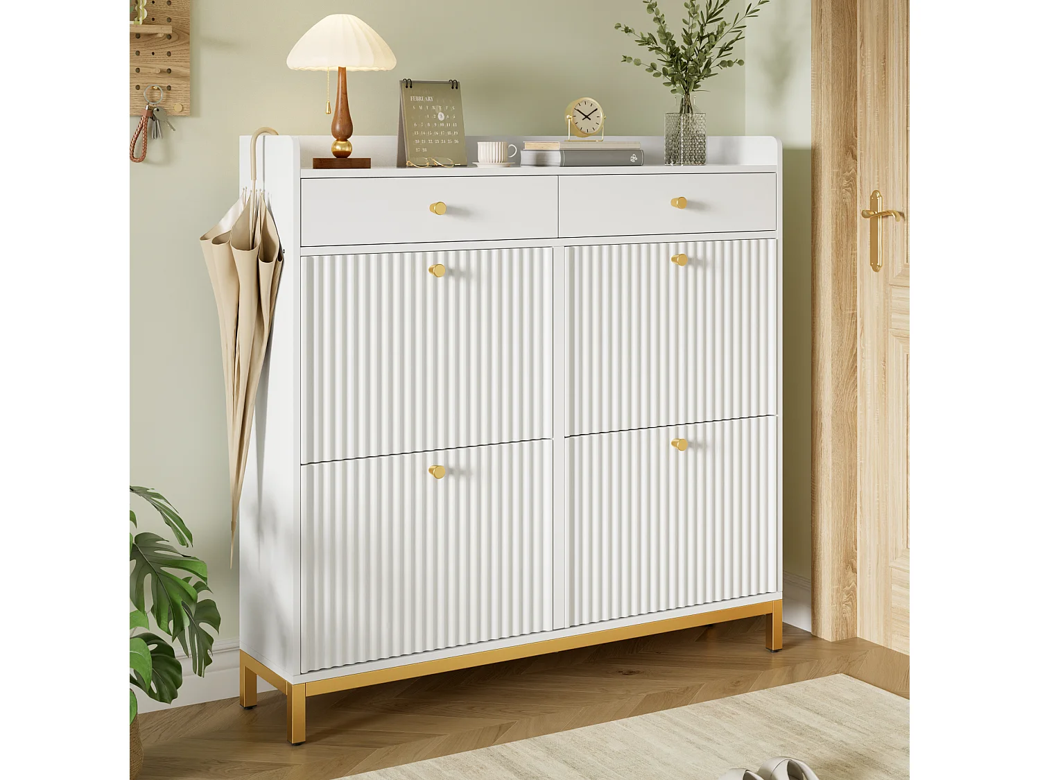 Modern shoe cabinet 106.5x25x107cm - with 2 drawers and 4 drop-down doors - open shelves - White