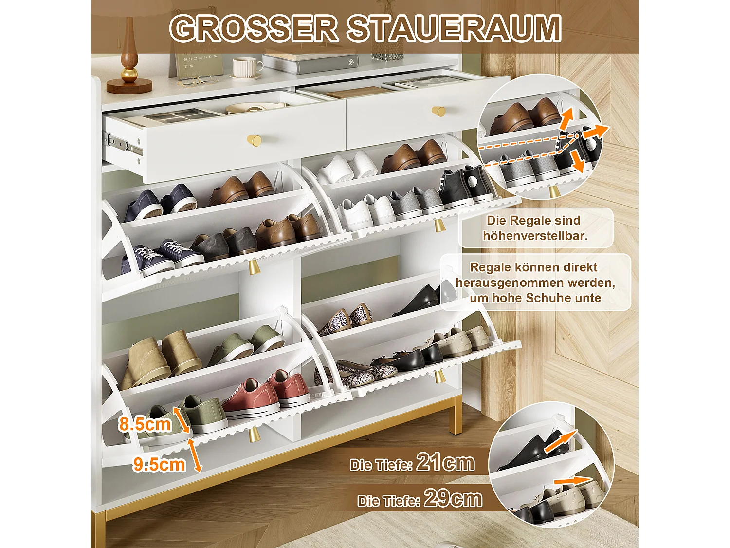 Modern shoe cabinet 106.5x25x107cm - with 2 drawers and 4 drop-down doors - open shelves - White