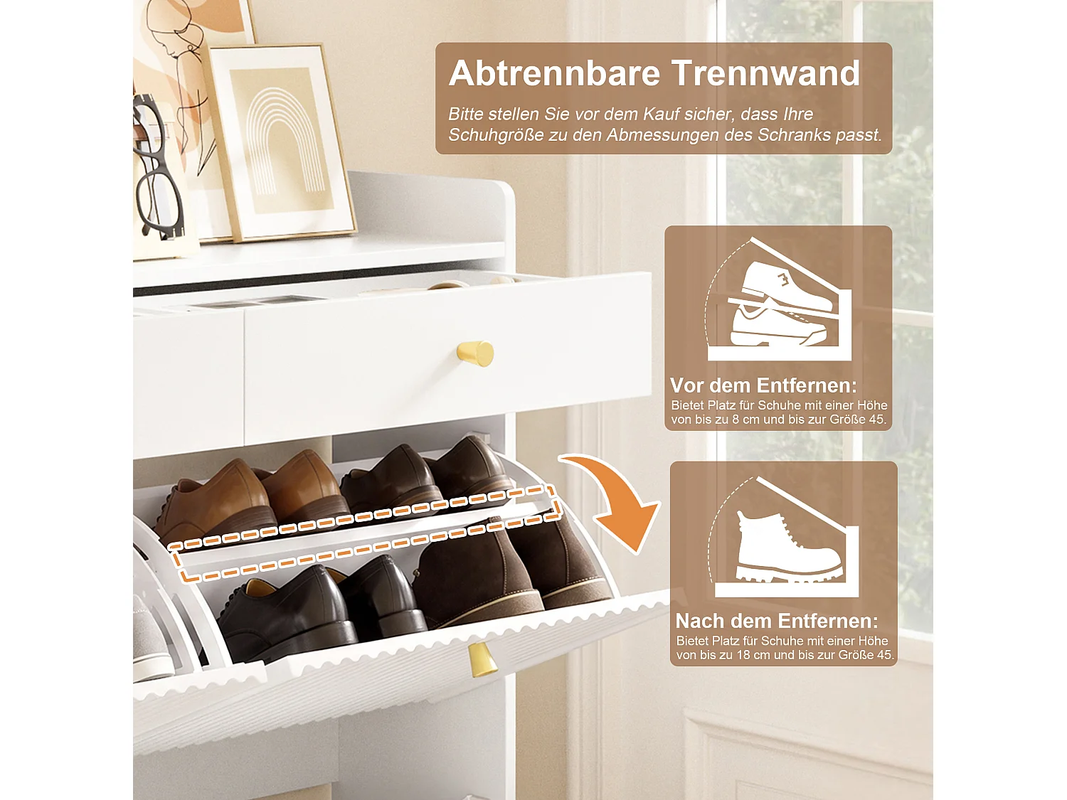 Modern shoe cabinet 106.5x25x107cm - with 2 drawers and 4 drop-down doors - open shelves - White
