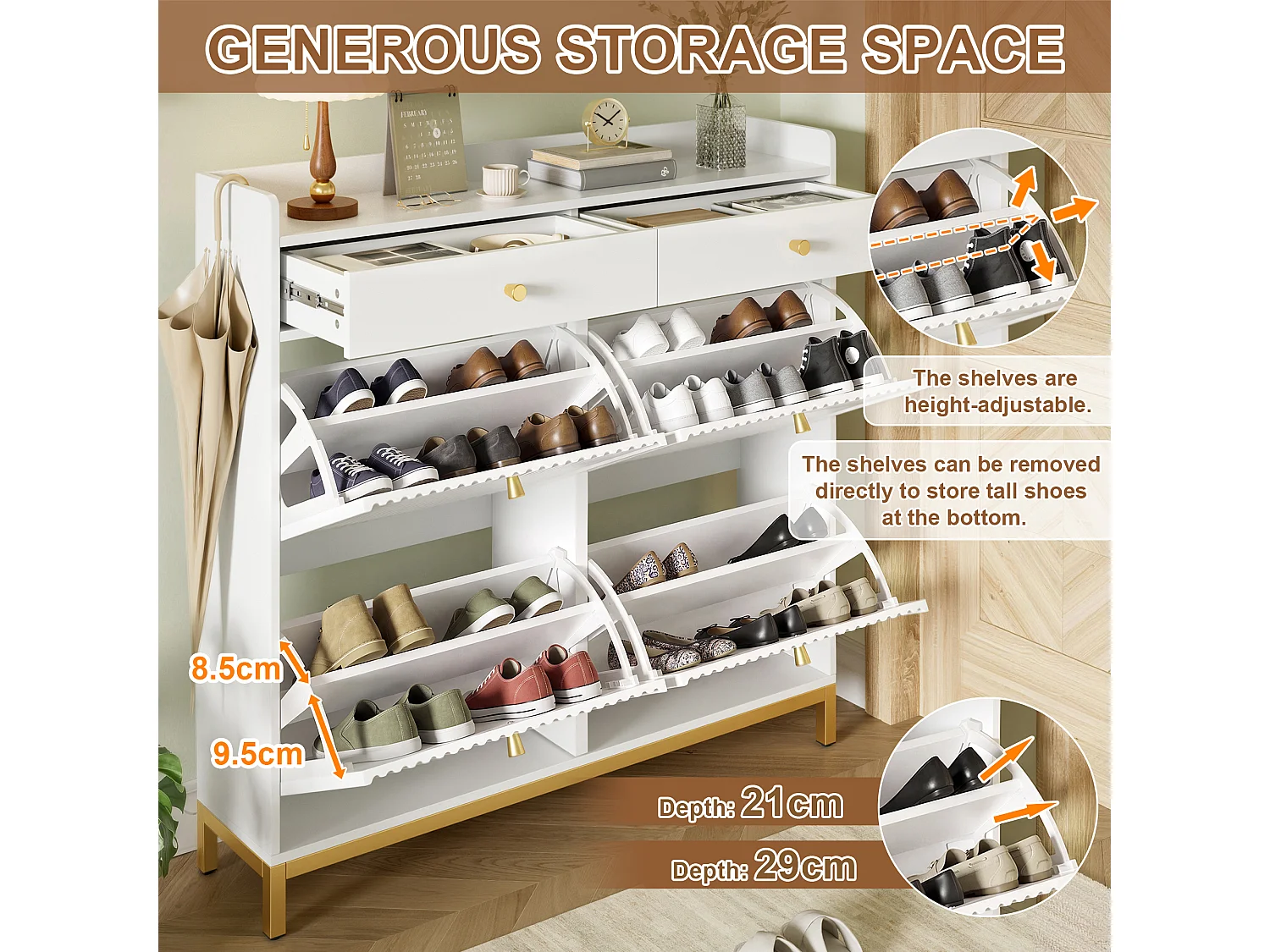 Modern shoe cabinet 106.5x25x107cm - with 2 drawers and 4 drop-down doors - open shelves - White