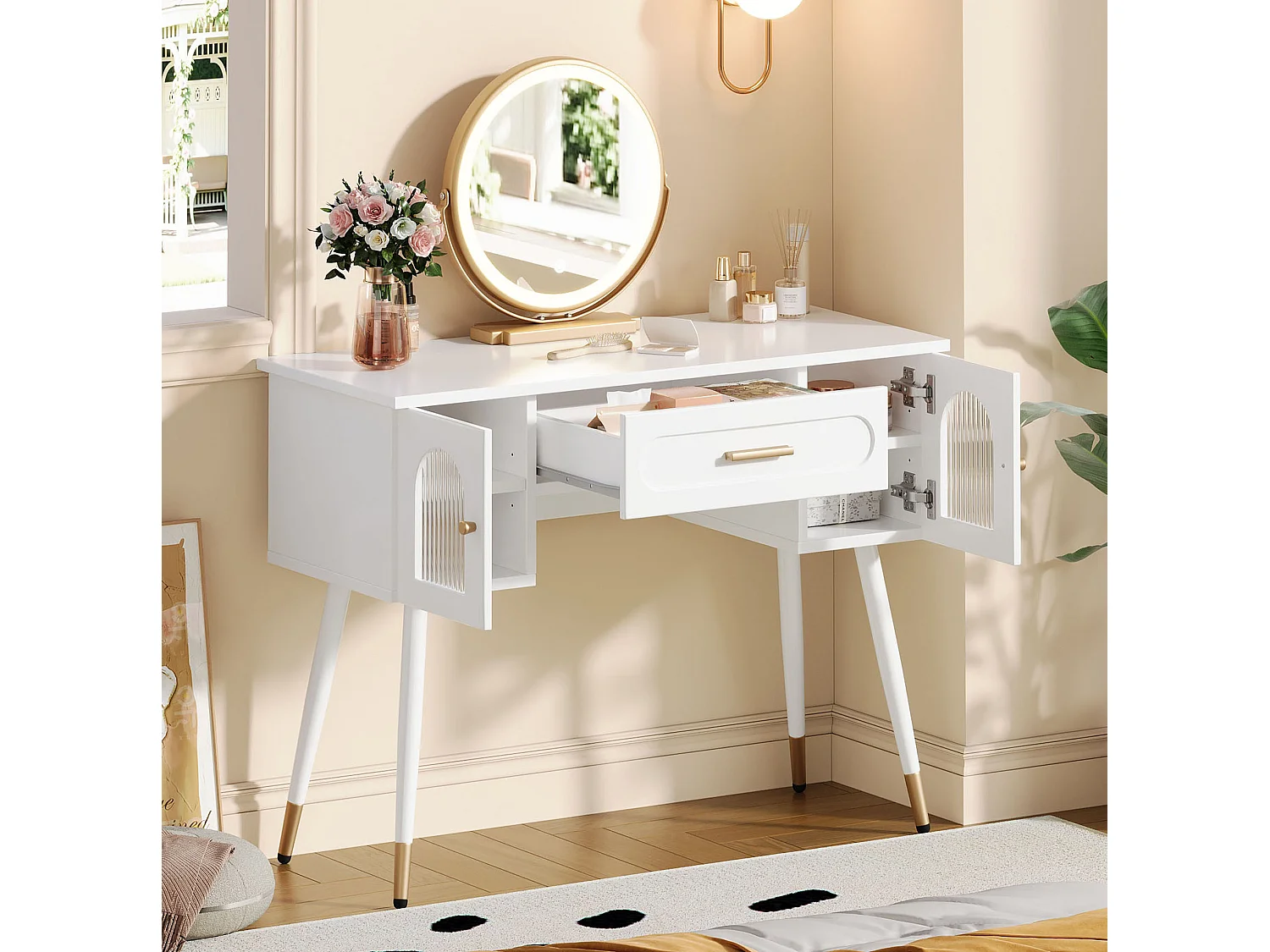 Coiffeuse blanc et doré avec miroir LED, tiroir et 2 portes