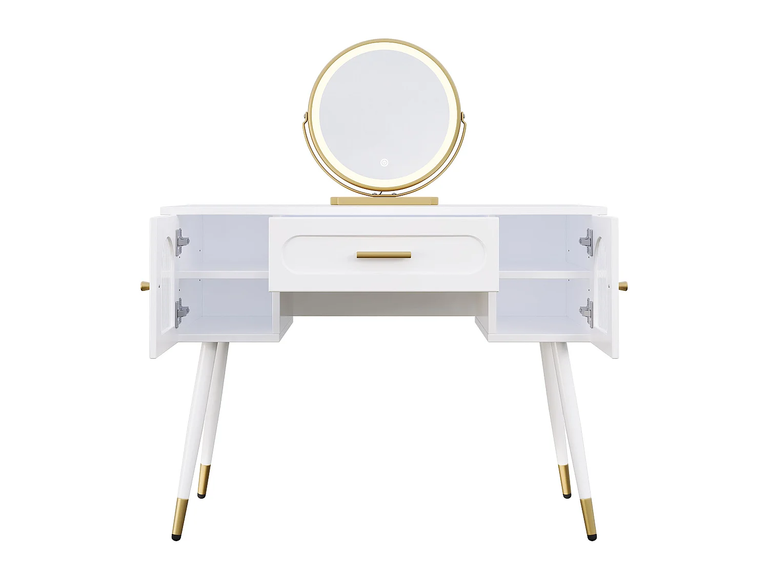 Coiffeuse blanc et doré avec miroir LED, tiroir et 2 portes