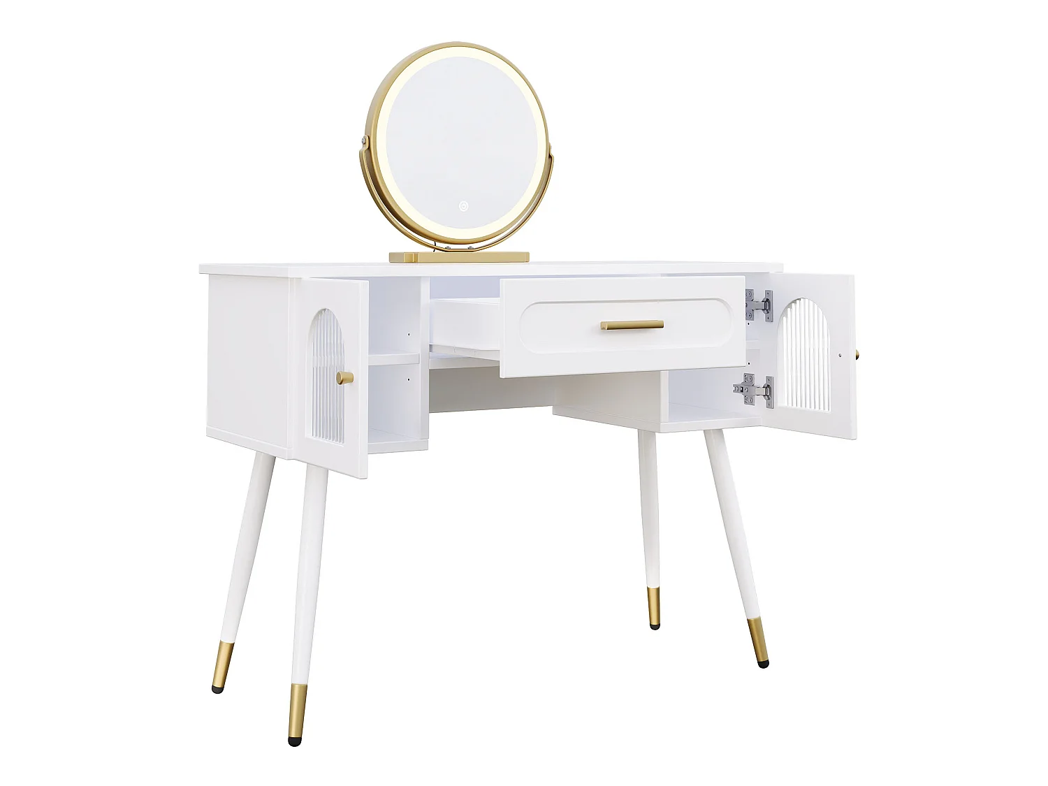 Coiffeuse blanc et doré avec miroir LED, tiroir et 2 portes