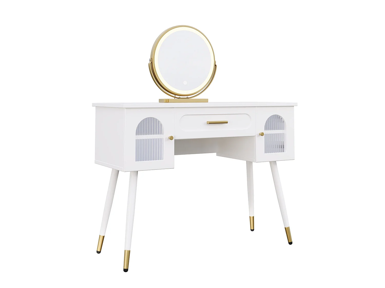 Coiffeuse blanc et doré avec miroir LED, tiroir et 2 portes