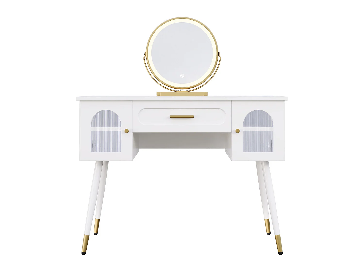 Coiffeuse blanc et doré avec miroir LED, tiroir et 2 portes