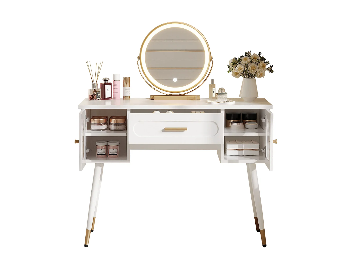 Coiffeuse blanc et doré avec miroir LED, tiroir et 2 portes