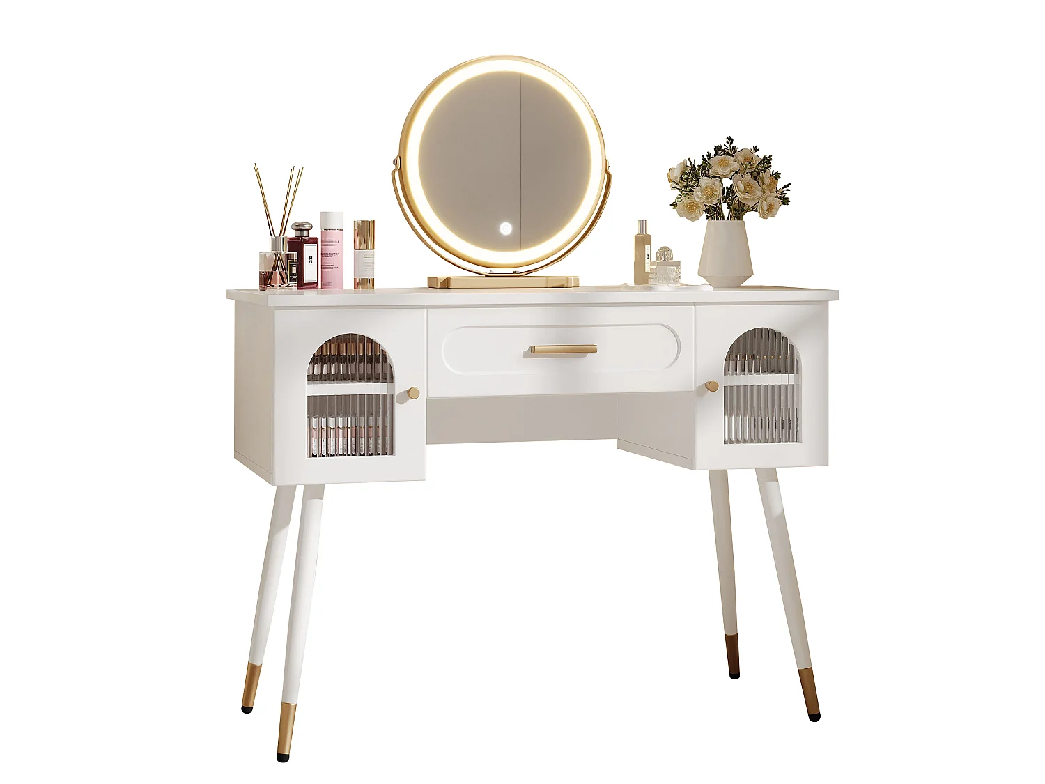Coiffeuse blanc et doré avec miroir LED, tiroir et 2 portes
