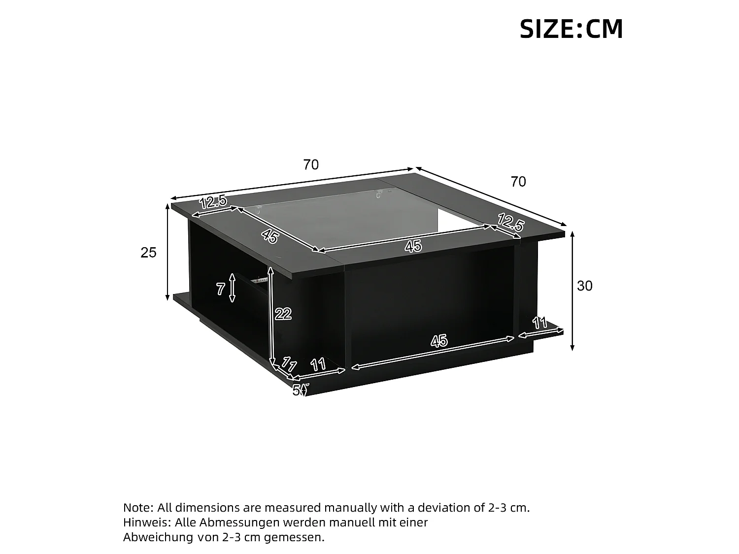 Table basse carrée 70x70 cm noire brillante avec plateau en verre et LED