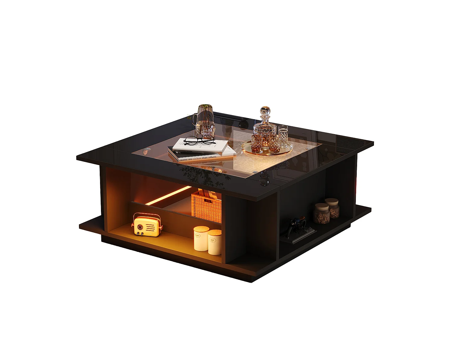 Table basse carrée 70x70 cm noire brillante avec plateau en verre et LED
