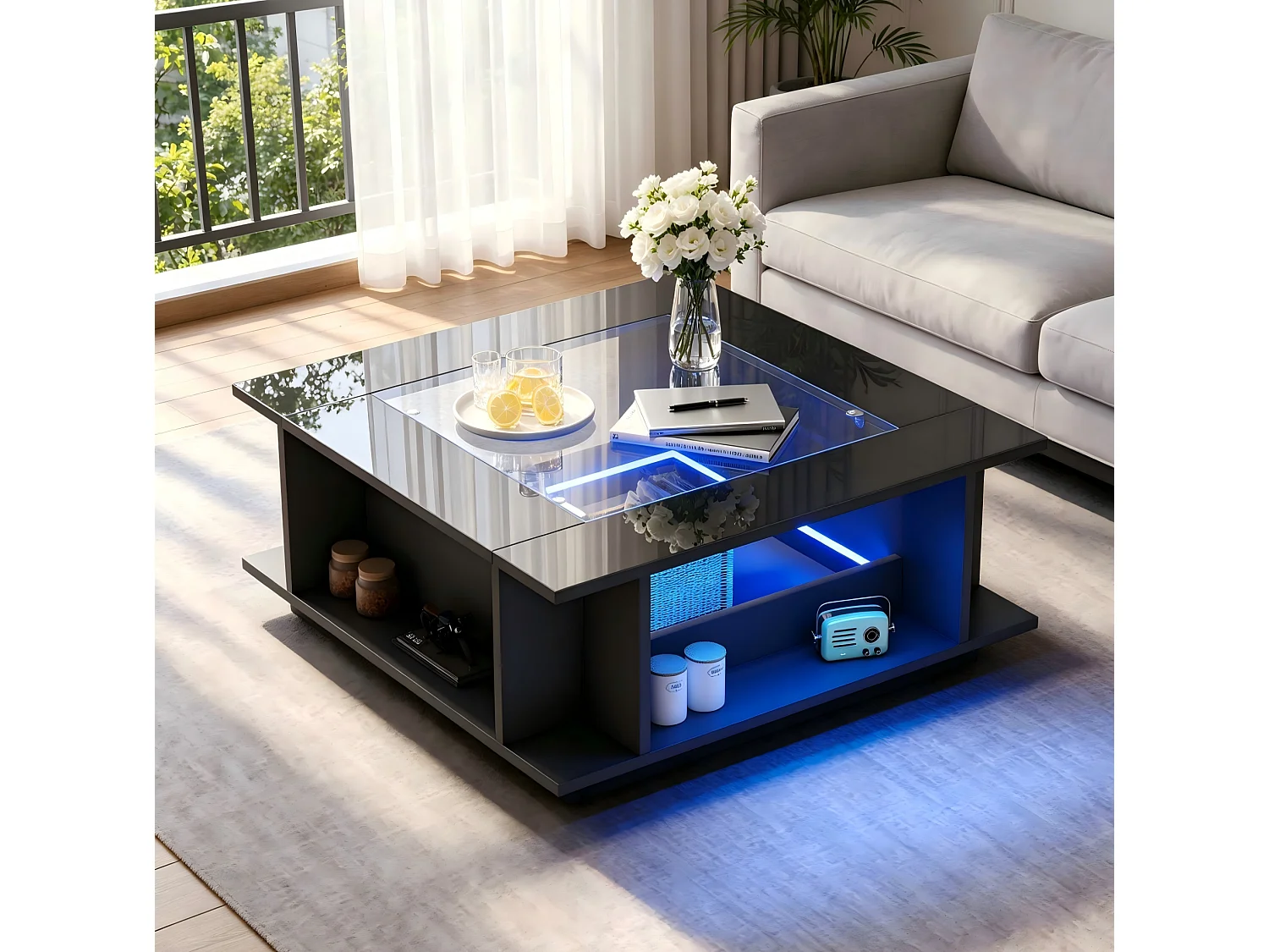 Table basse carrée 70x70 cm noire brillante avec plateau en verre et LED
