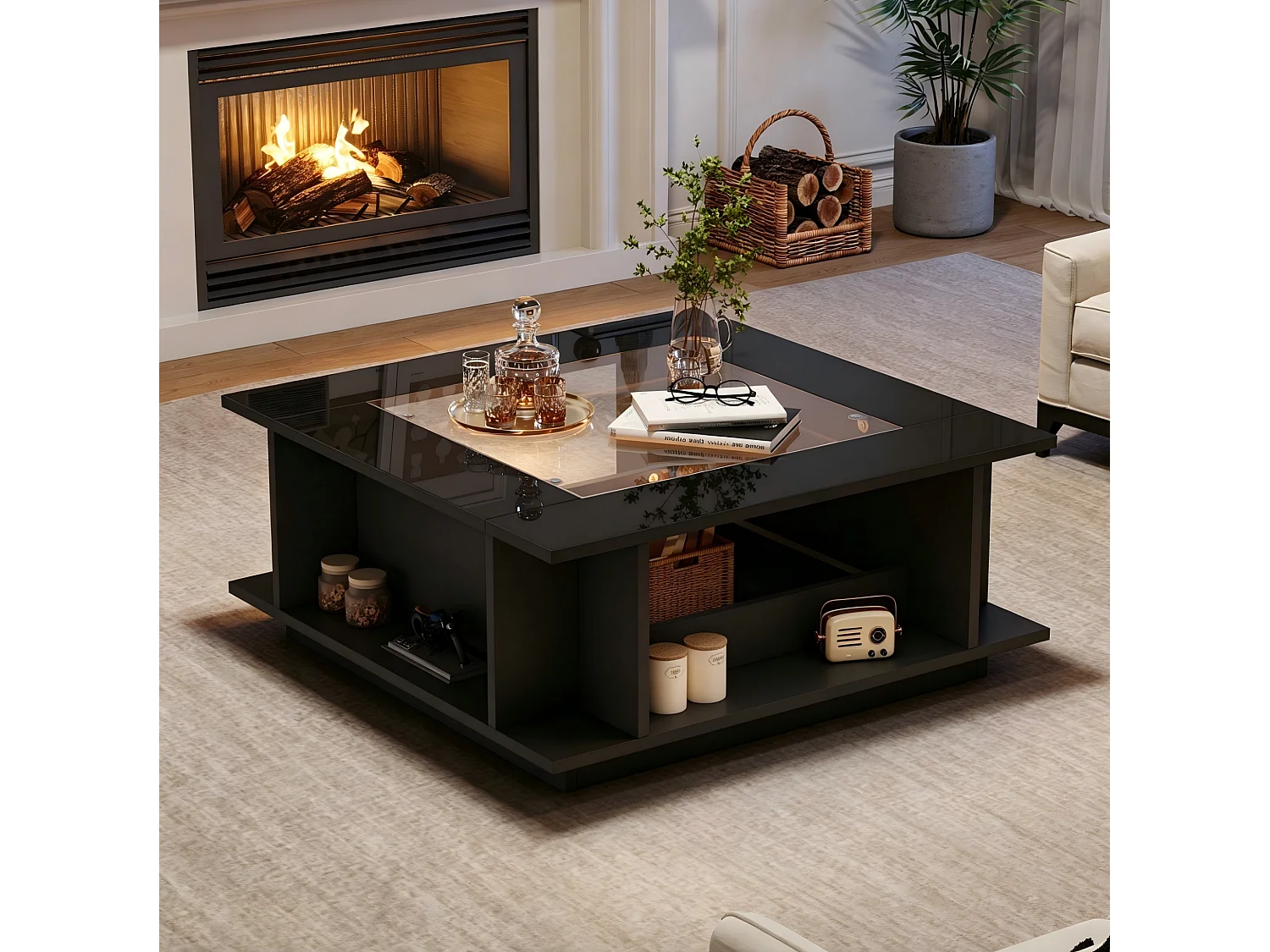 Table basse carrée 70x70 cm noire brillante avec plateau en verre et LED