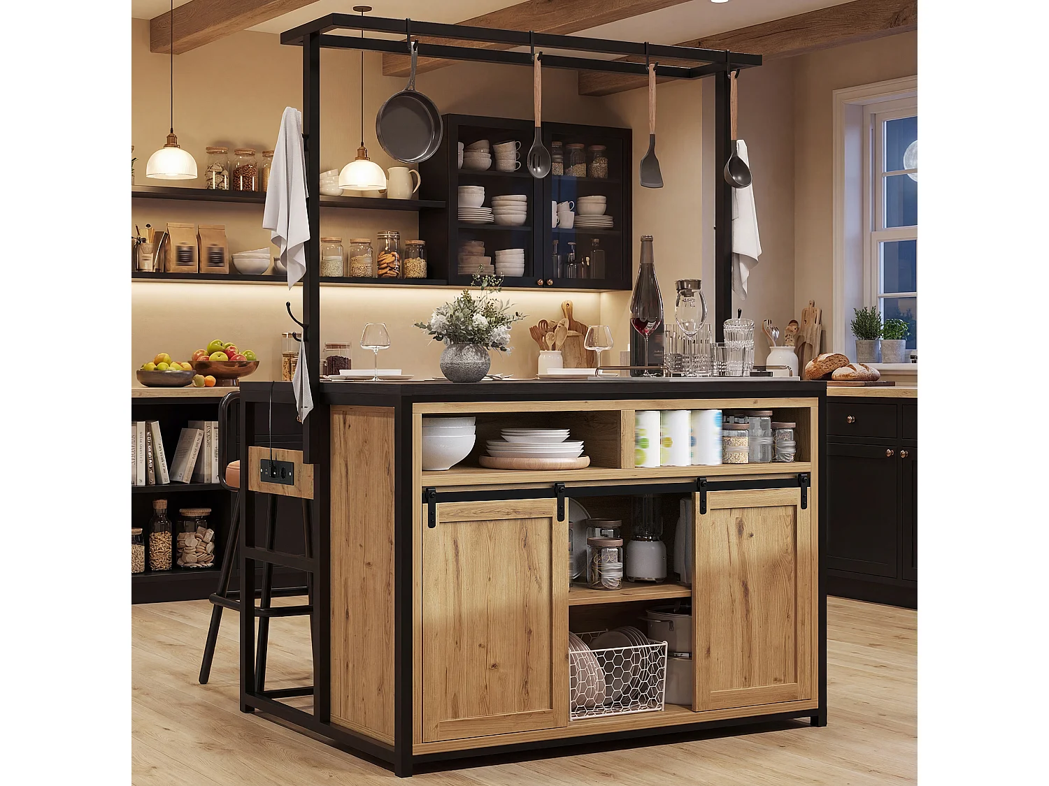 Îlot de cuisine 107x62x183 cm avec prises, étagères et portes coulissantes - Couleur bois