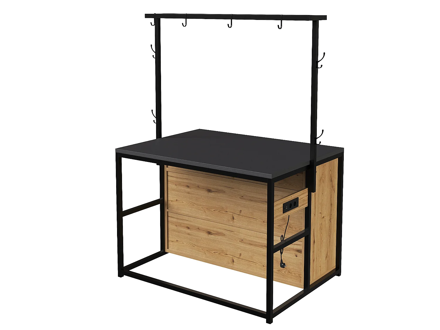 Îlot de cuisine 107x62x183 cm avec prises, étagères et portes coulissantes - Couleur bois