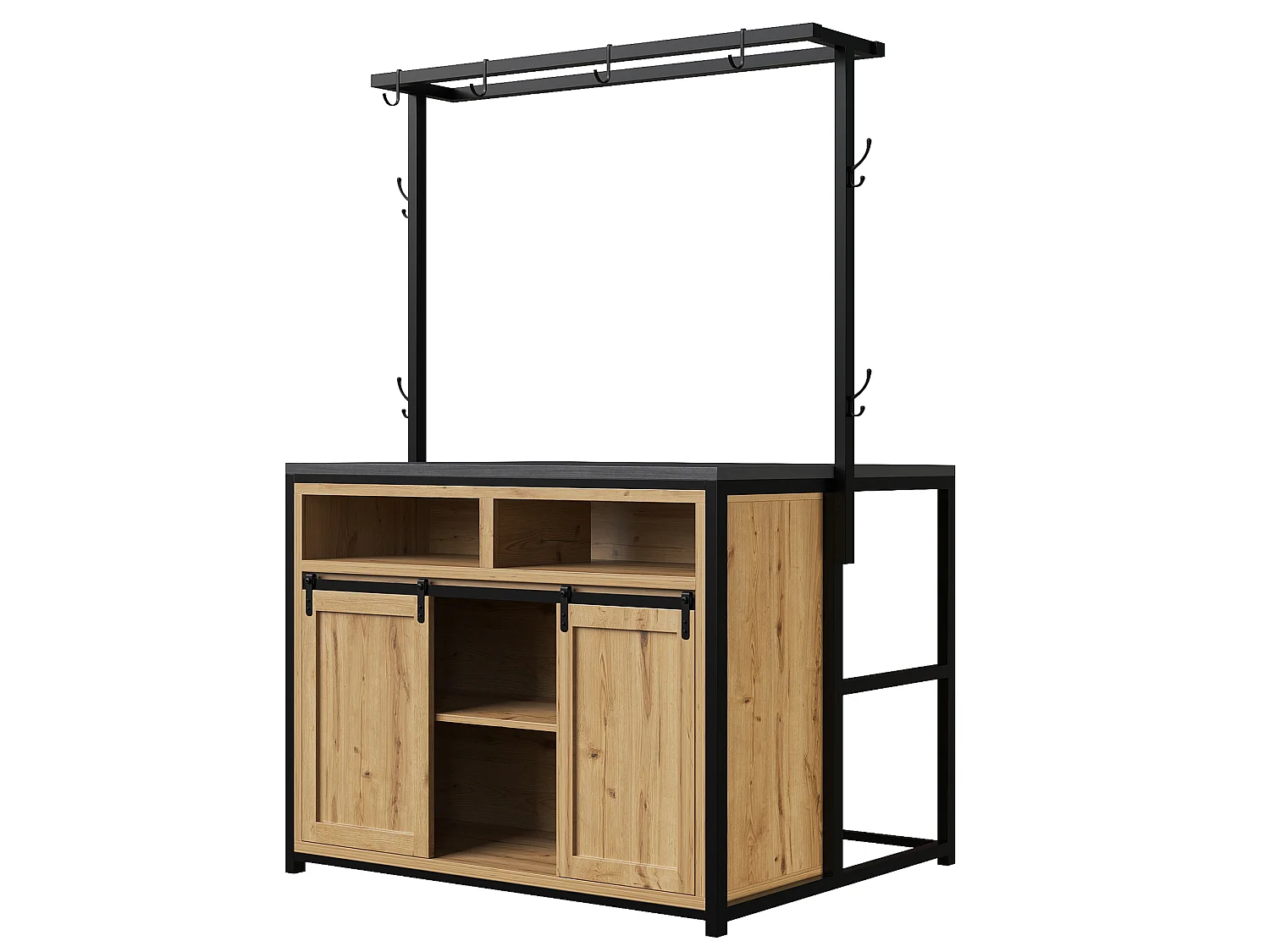 Îlot de cuisine 107x62x183 cm avec prises, étagères et portes coulissantes - Couleur bois