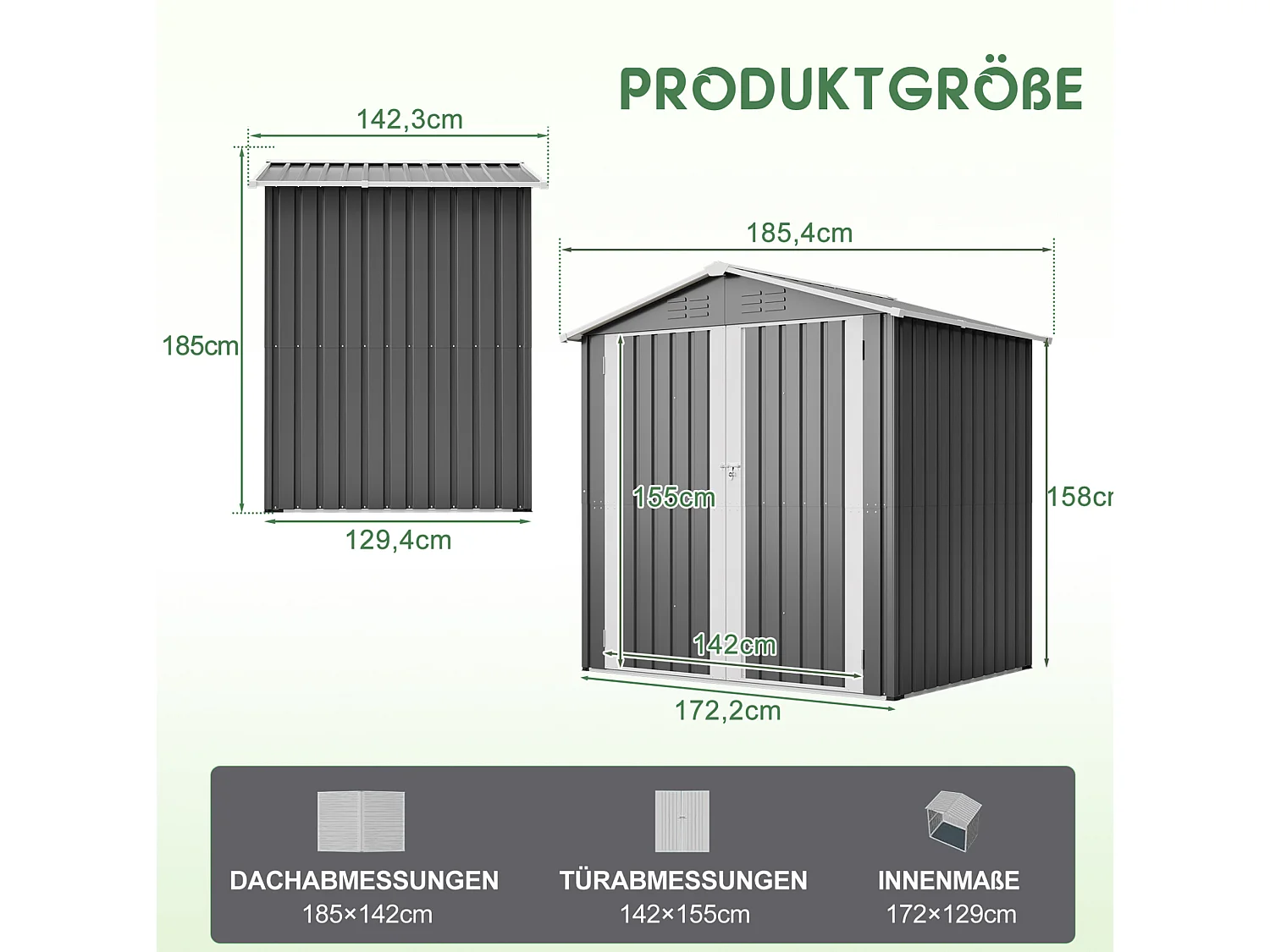 Casinha de jardim metálica com orifícios de ventilação e fundação de 2,22 m² - Cinza