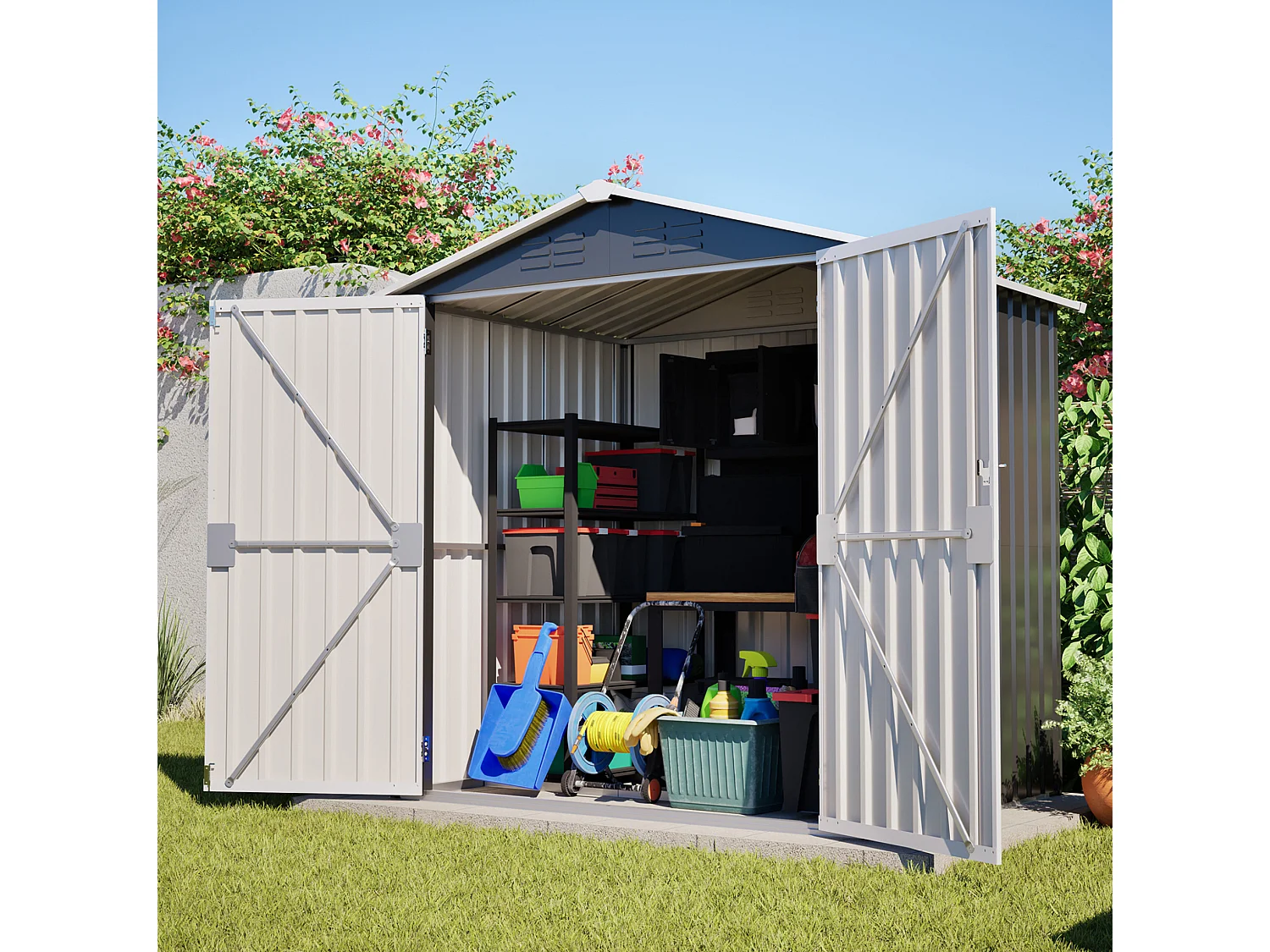 Casinha de jardim metálica com orifícios de ventilação e fundação de 2,22 m² - Cinza