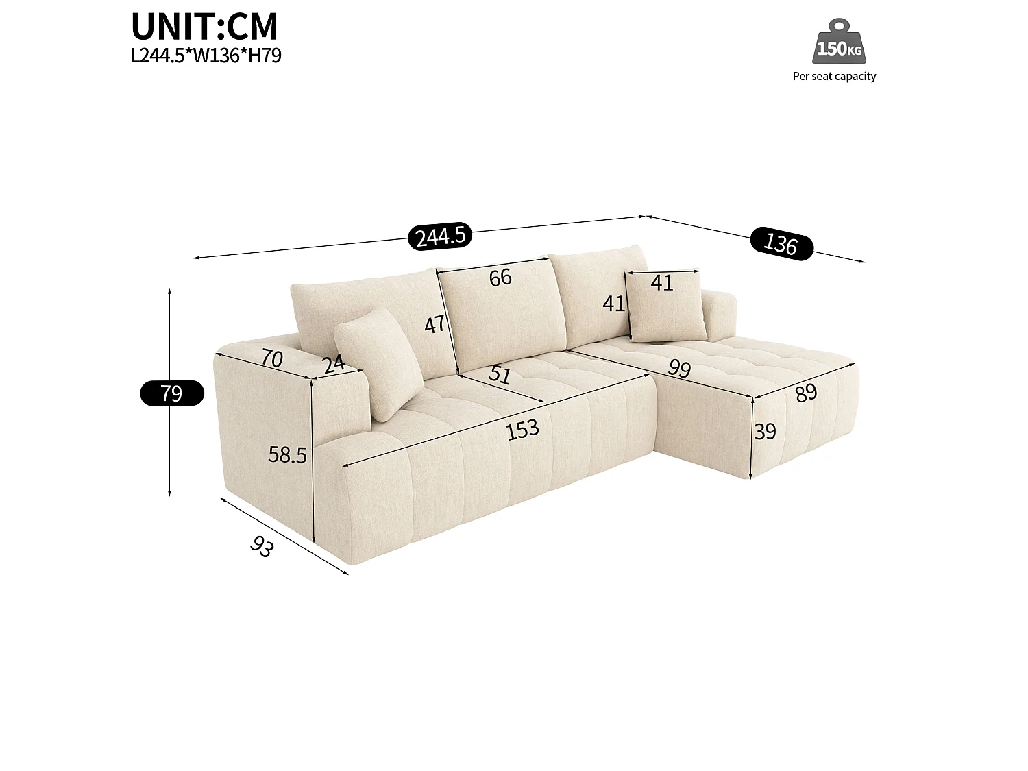 Modulaire hoekbank met 3 zitplaatsen in chenille - Geen montage nodig - Beige