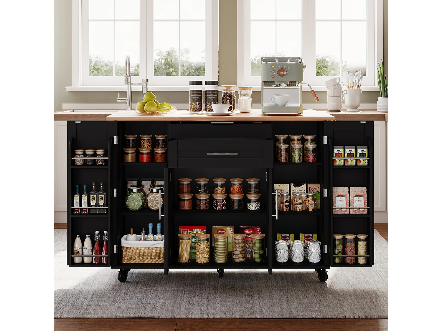 Verrijdbaar keukeneiland 136 x 45 (70) cm met handdoekrek, 4 deuren en 2 lades - Zwart