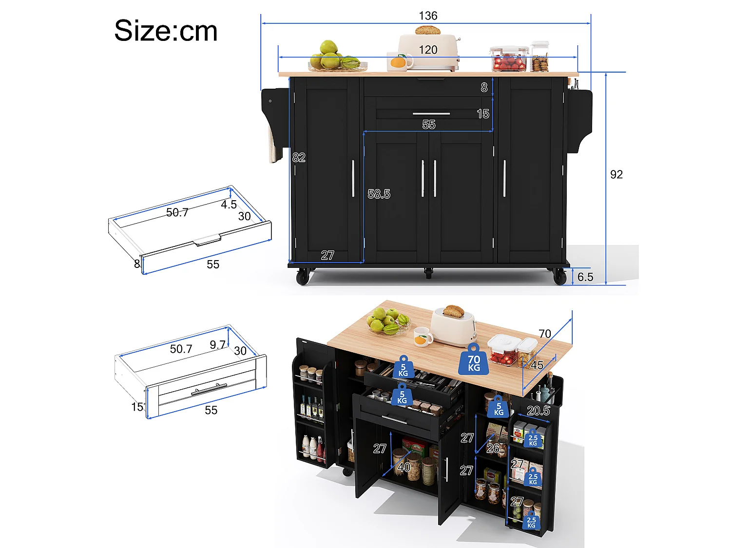 Verrijdbaar keukeneiland 136 x 45 (70) cm met handdoekrek, 4 deuren en 2 lades - Zwart