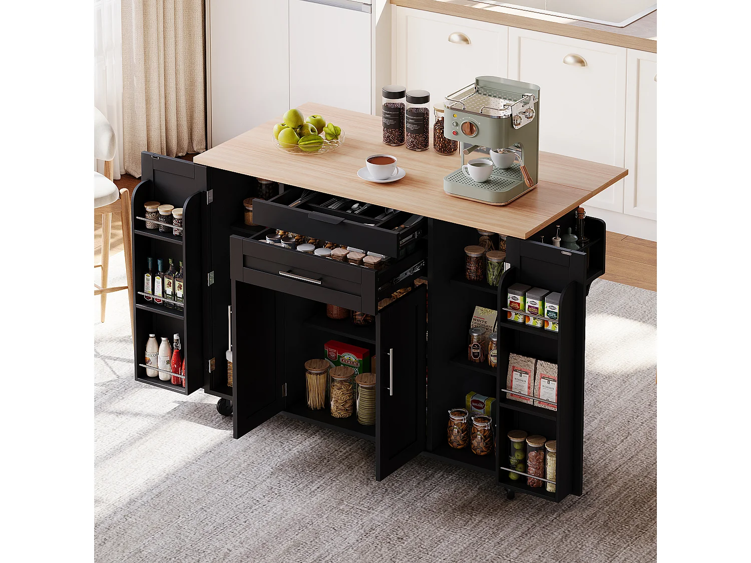 Verrijdbaar keukeneiland 136 x 45 (70) cm met handdoekrek, 4 deuren en 2 lades - Zwart