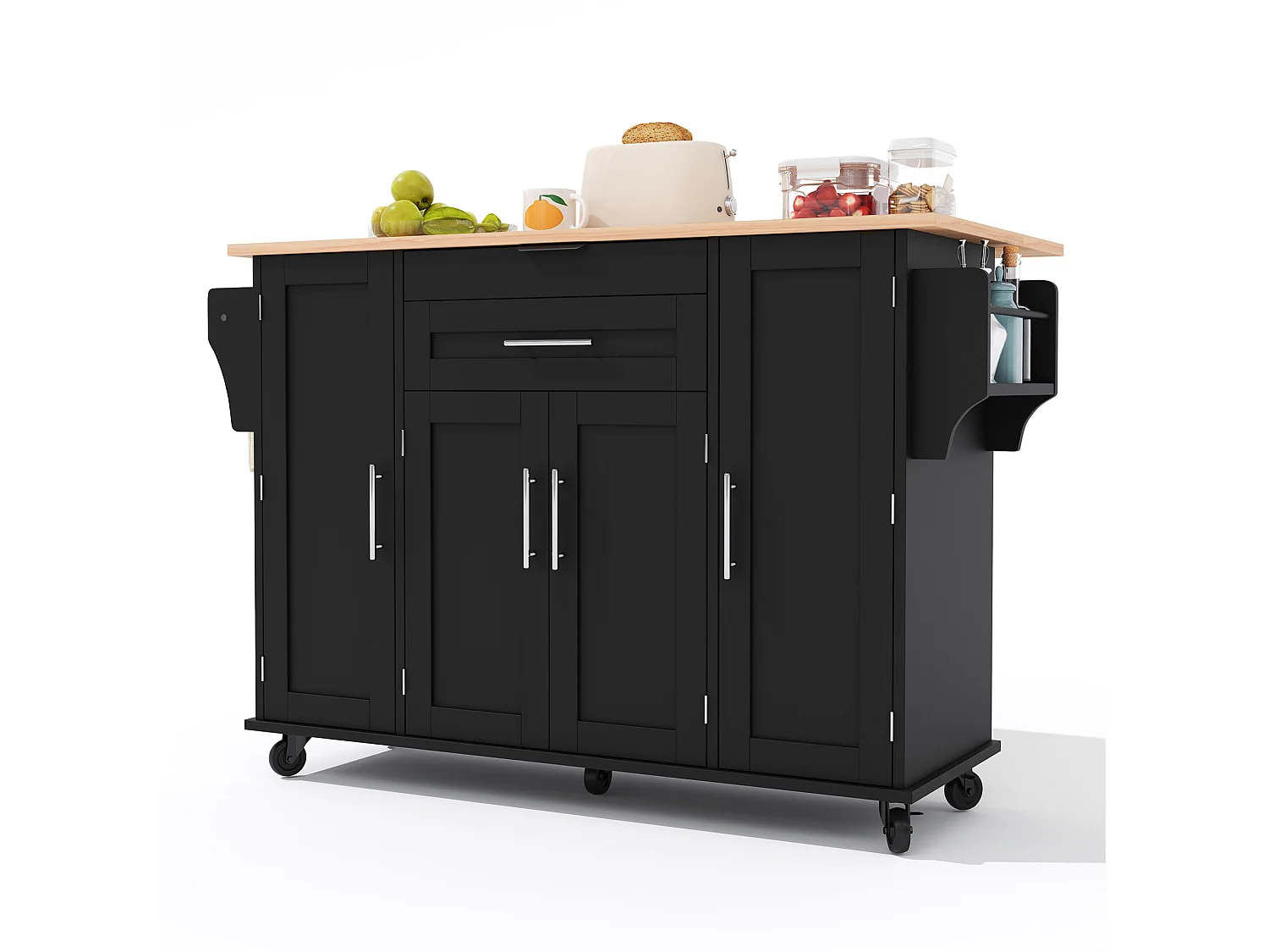 Verrijdbaar keukeneiland 136 x 45 (70) cm met handdoekrek, 4 deuren en 2 lades - Zwart