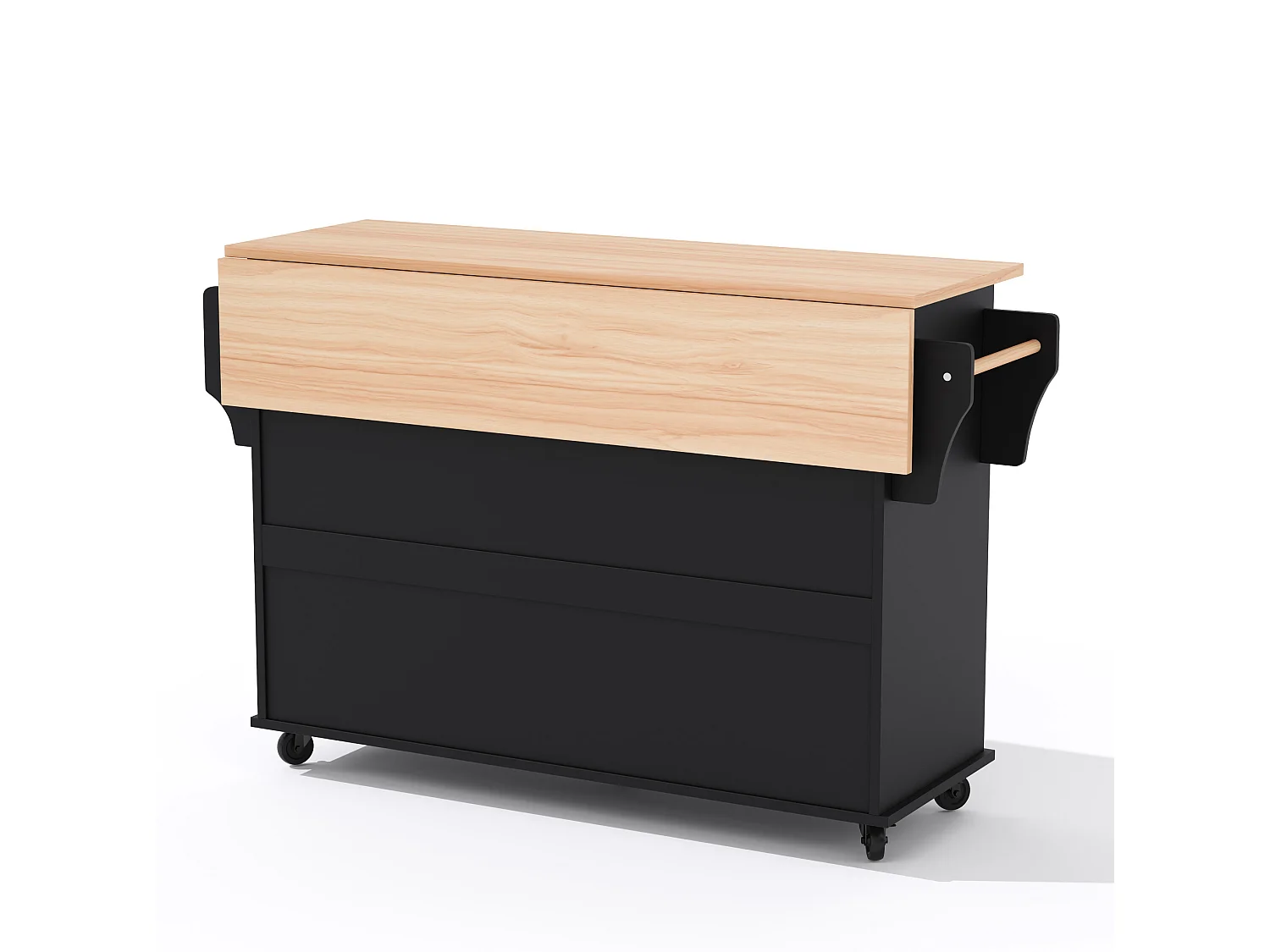 Verrijdbaar keukeneiland 136 x 45 (70) cm met handdoekrek, 4 deuren en 2 lades - Zwart