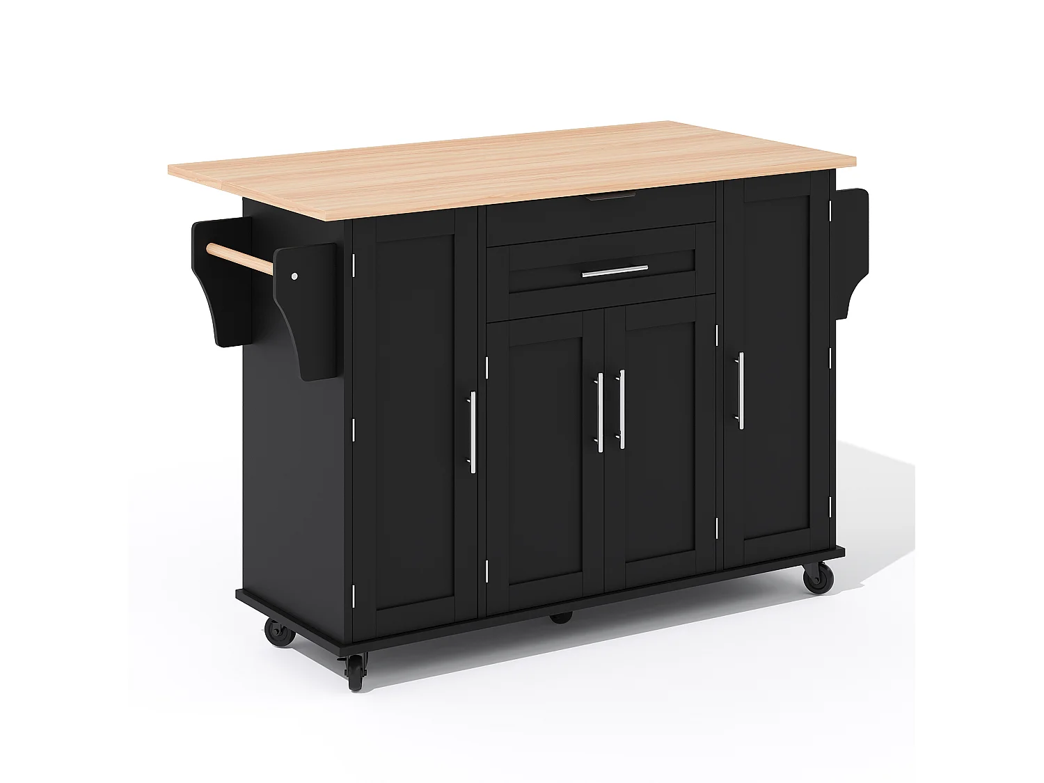 Verrijdbaar keukeneiland 136 x 45 (70) cm met handdoekrek, 4 deuren en 2 lades - Zwart