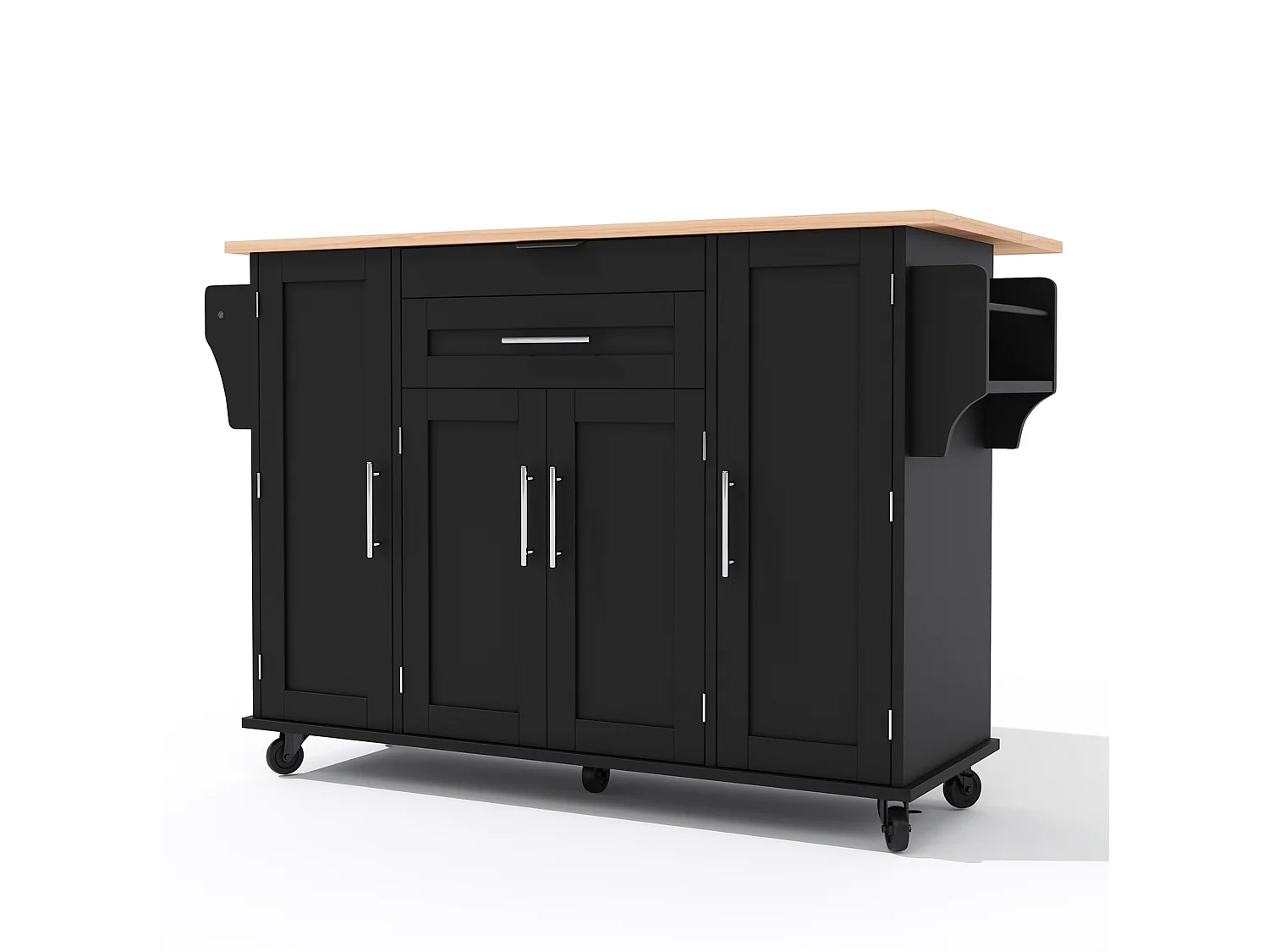 Verrijdbaar keukeneiland 136 x 45 (70) cm met handdoekrek, 4 deuren en 2 lades - Zwart
