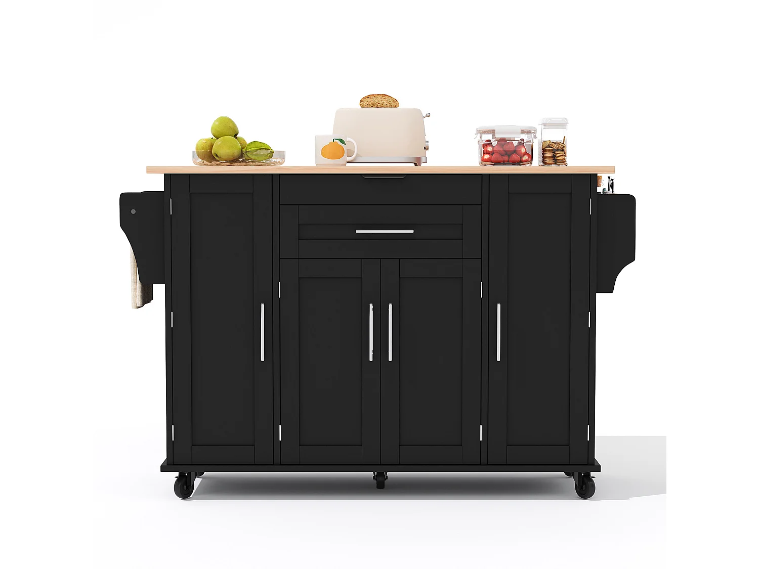 Verrijdbaar keukeneiland 136 x 45 (70) cm met handdoekrek, 4 deuren en 2 lades - Zwart