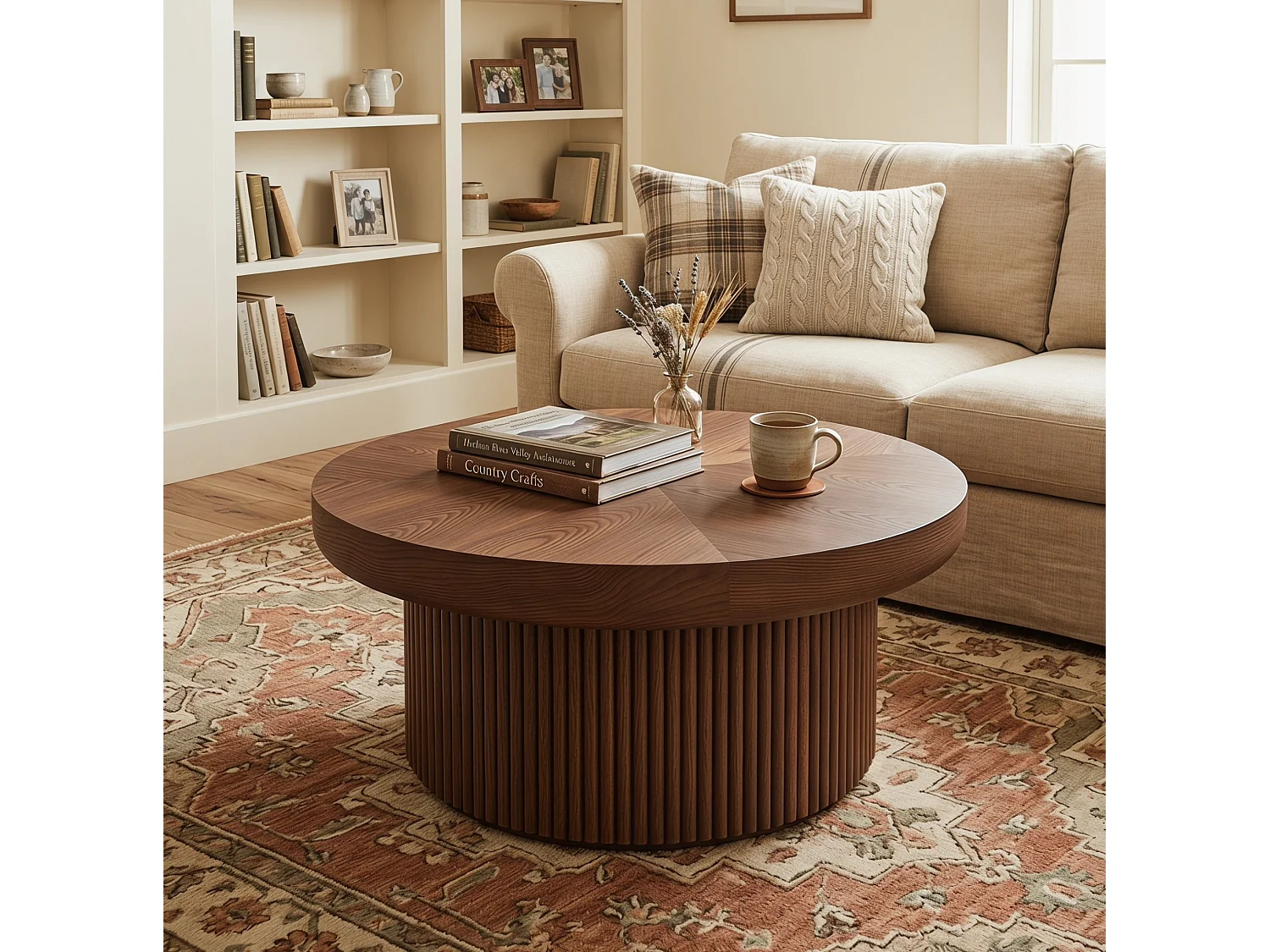 Table basse ronde 78 cm avec plateau épais et base cannelée - Marron