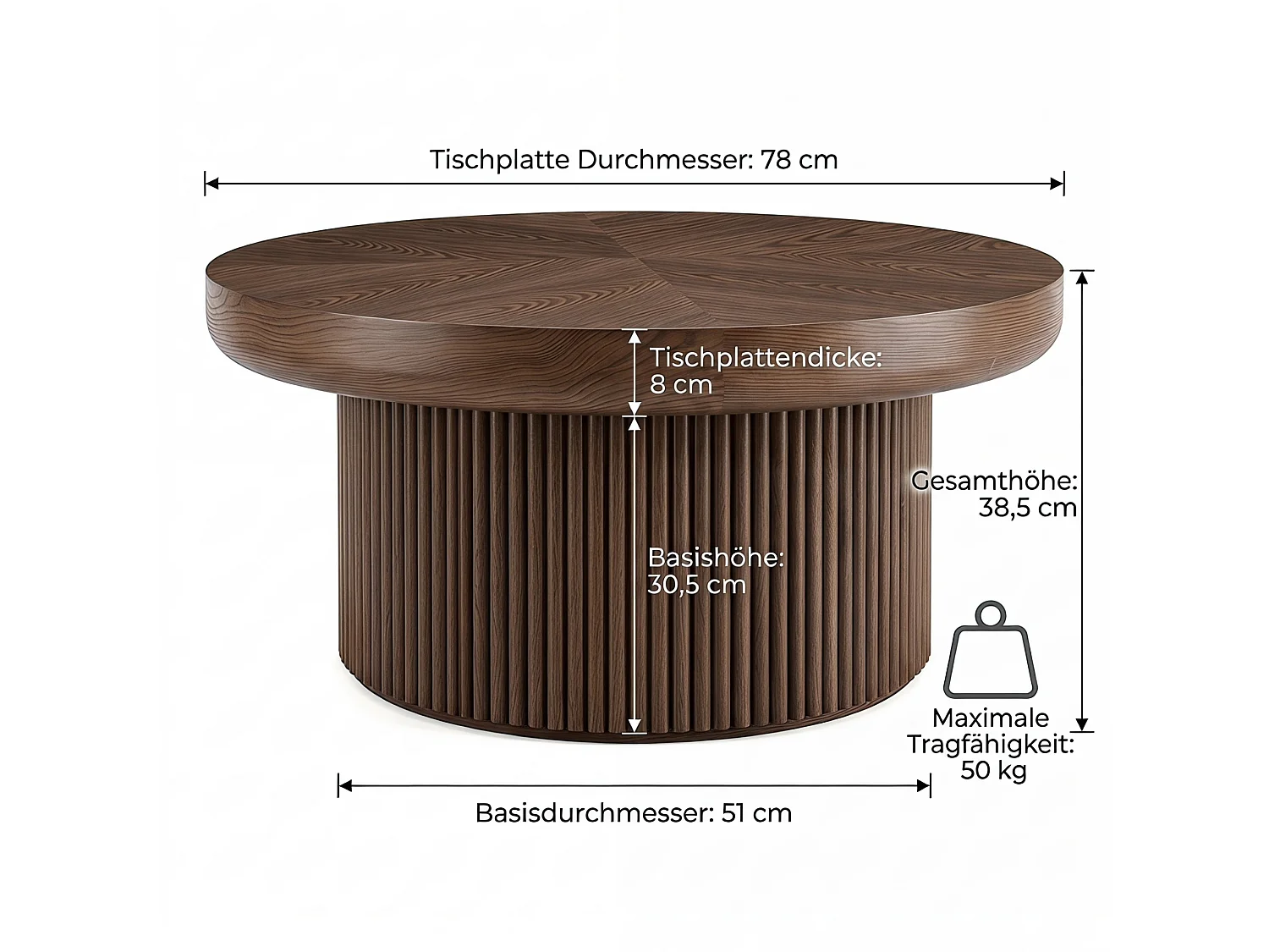 Table basse ronde 78 cm avec plateau épais et base cannelée - Marron