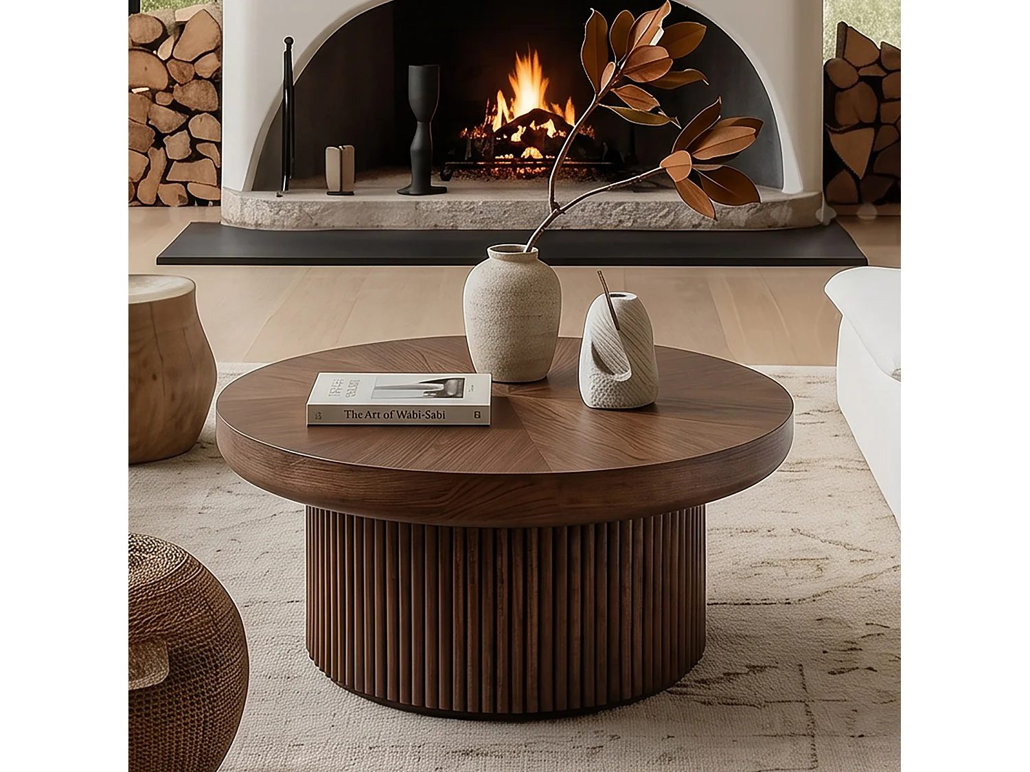 Table basse ronde 78 cm avec plateau épais et base cannelée - Marron