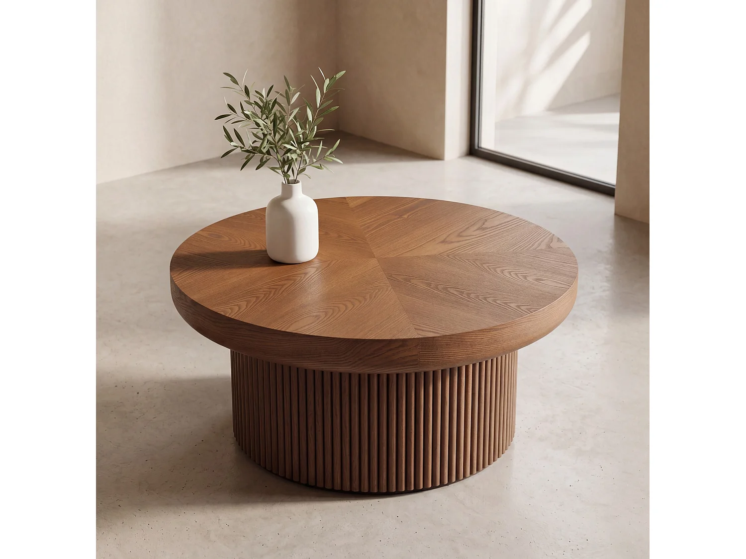 Table basse ronde 78 cm avec plateau épais et base cannelée - Marron
