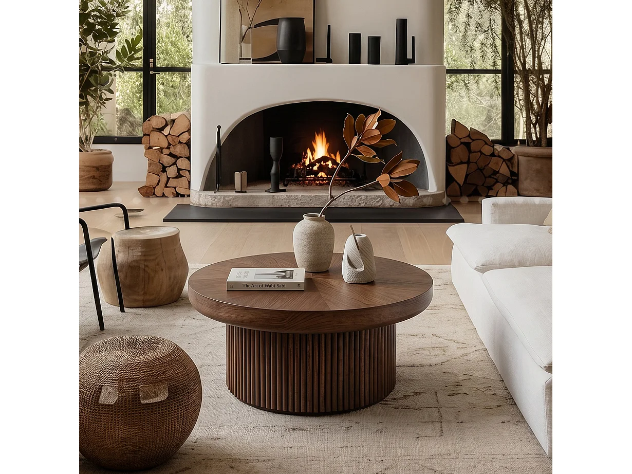 Table basse ronde 78 cm avec plateau épais et base cannelée - Marron