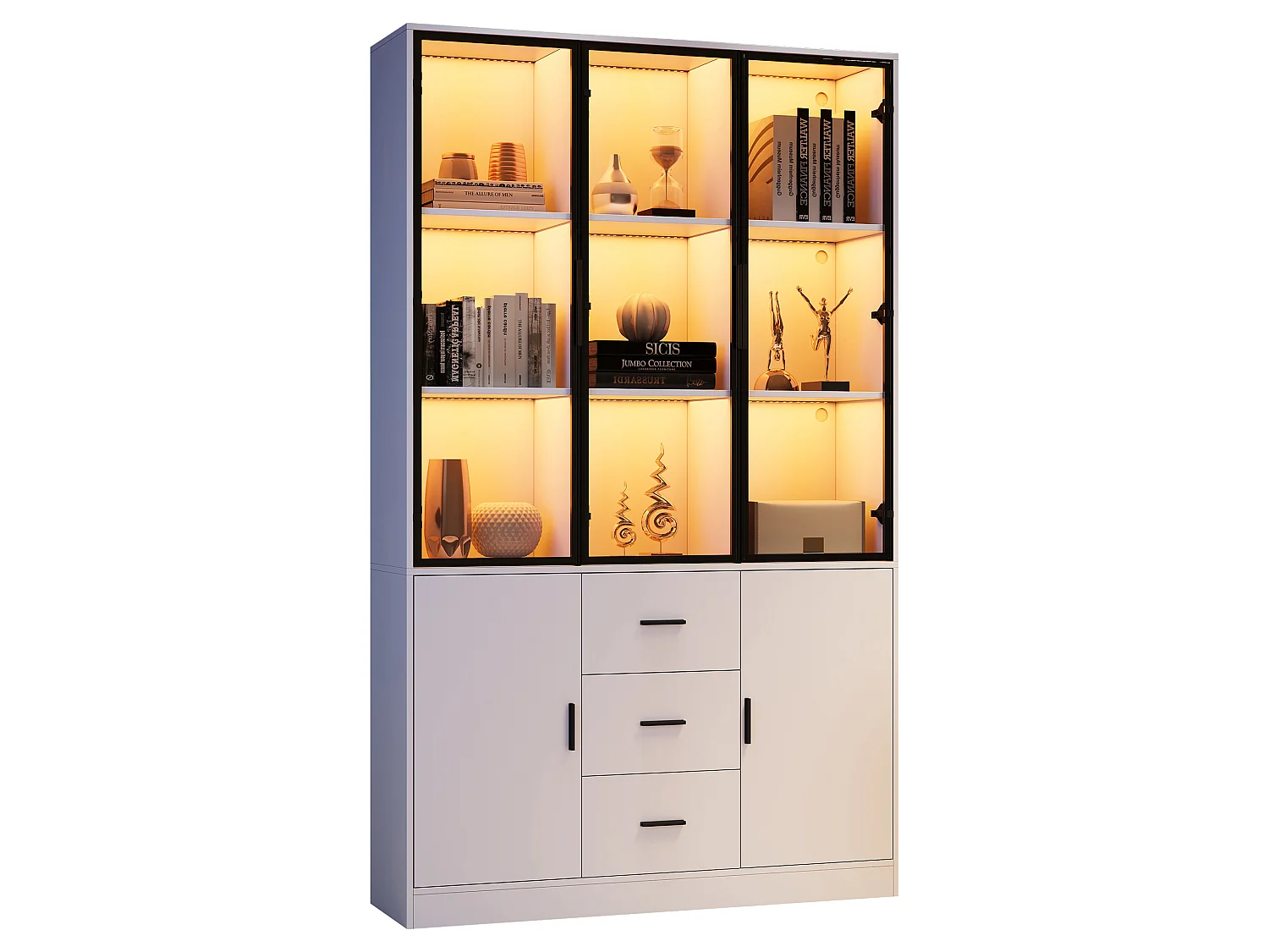 Vitrine 120x30x200cm - Grand Meuble de Rangement avec Portes en Verre, Éclairage LED RGB Connecté (App Bluetooth), 3 Tiroirs, Style Moderne - Blanc Mat