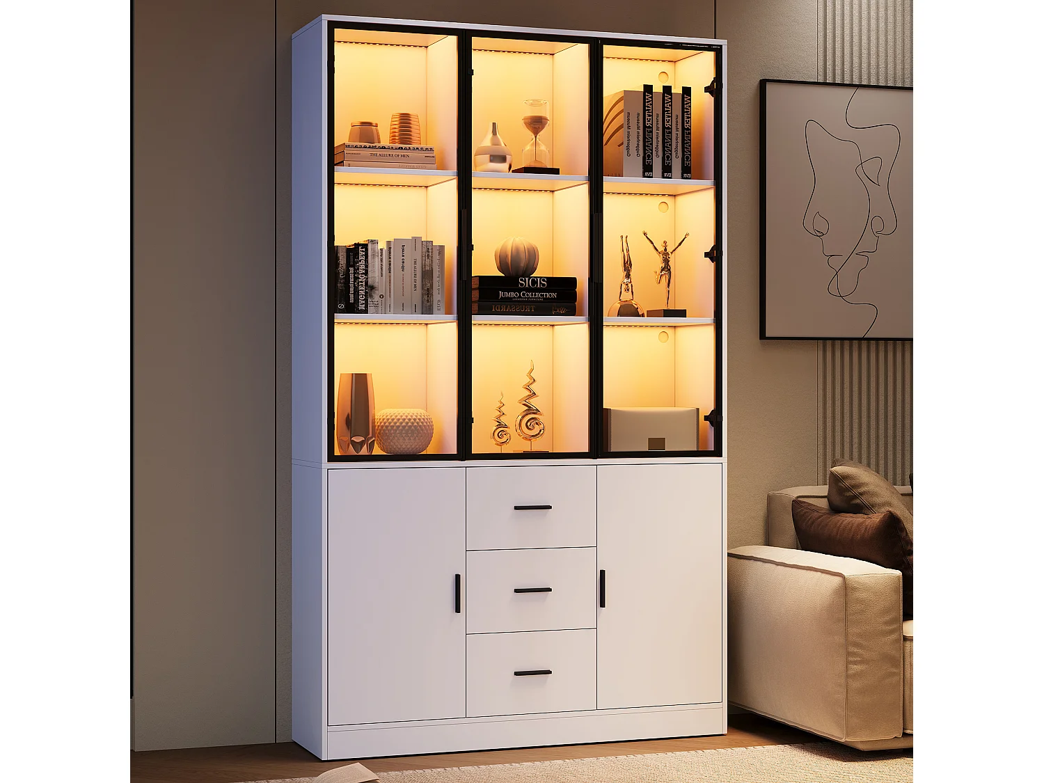 Vitrine 120x30x200cm - Grand Meuble de Rangement avec Portes en Verre, Éclairage LED RGB Connecté (App Bluetooth), 3 Tiroirs, Style Moderne - Blanc Mat