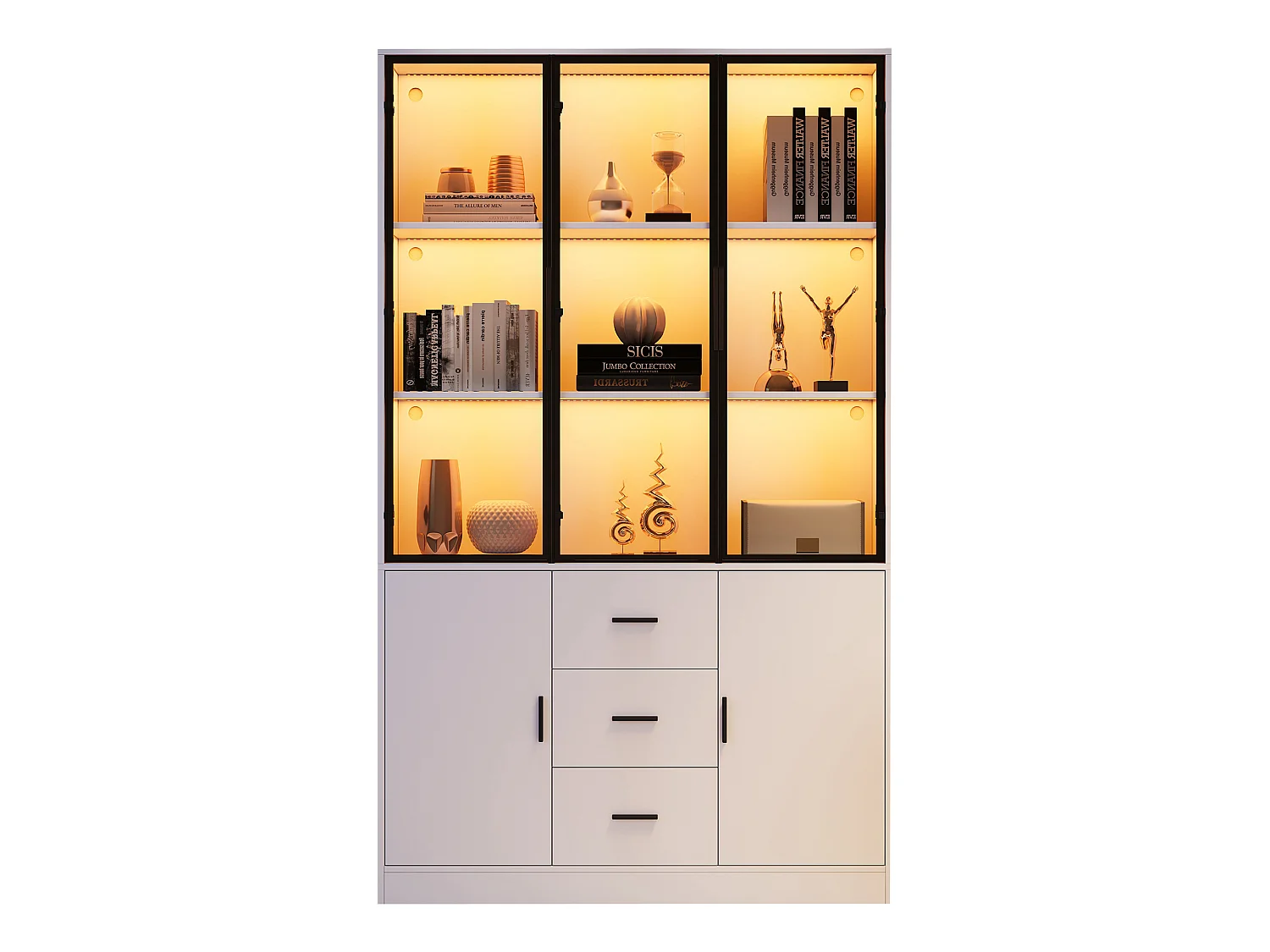 Vitrine 120x30x200cm - Grand Meuble de Rangement avec Portes en Verre, Éclairage LED RGB Connecté (App Bluetooth), 3 Tiroirs, Style Moderne - Blanc Mat