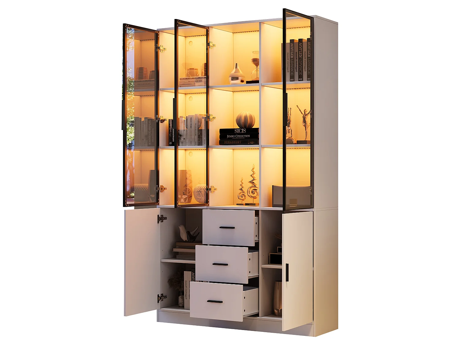 Vitrine 120x30x200cm - Grand Meuble de Rangement avec Portes en Verre, Éclairage LED RGB Connecté (App Bluetooth), 3 Tiroirs, Style Moderne - Blanc Mat