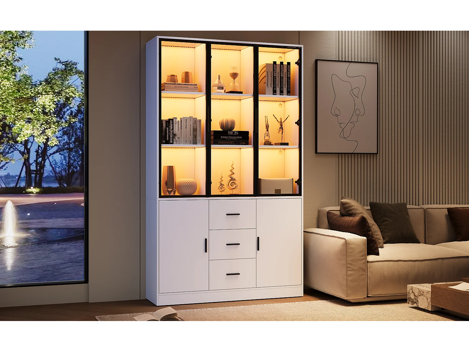 Vitrine 120x30x200cm - Grand Meuble de Rangement avec Portes en Verre, Éclairage LED RGB Connecté (App Bluetooth), 3 Tiroirs, Style Moderne - Blanc Mat
