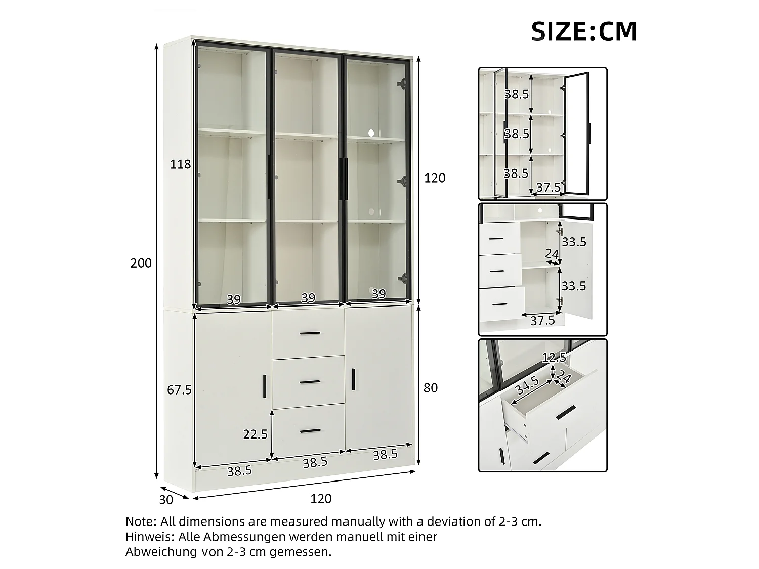 Vitrine 120x30x200cm - Grand Meuble de Rangement avec Portes en Verre, Éclairage LED RGB Connecté (App Bluetooth), 3 Tiroirs, Style Moderne - Blanc Mat