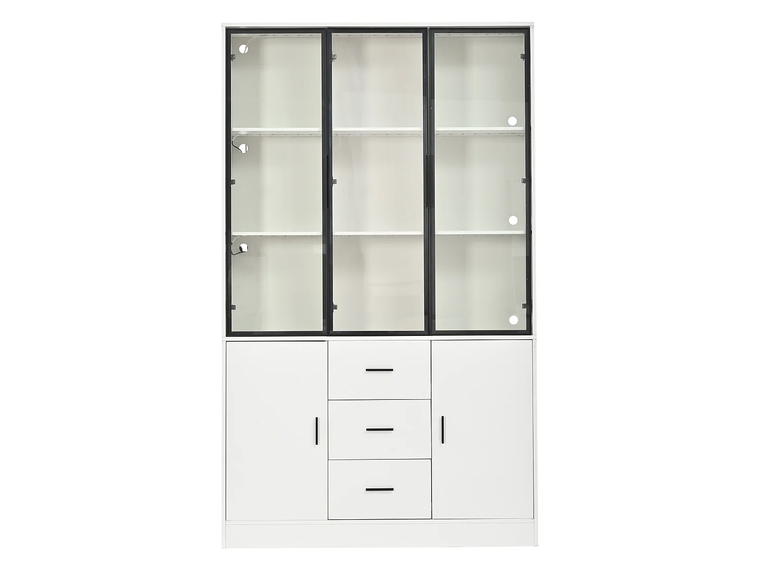 Vitrine 120x30x200cm - Grand Meuble de Rangement avec Portes en Verre, Éclairage LED RGB Connecté (App Bluetooth), 3 Tiroirs, Style Moderne - Blanc Mat