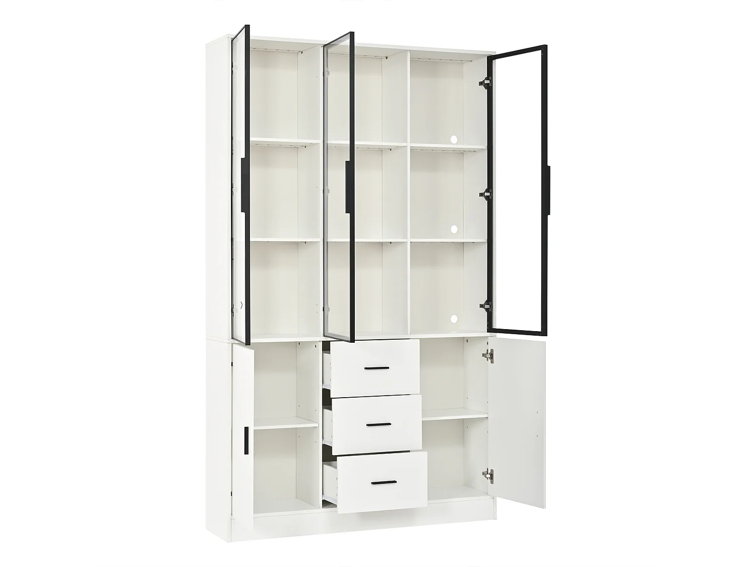Vitrine 120x30x200cm - Grand Meuble de Rangement avec Portes en Verre, Éclairage LED RGB Connecté (App Bluetooth), 3 Tiroirs, Style Moderne - Blanc Mat